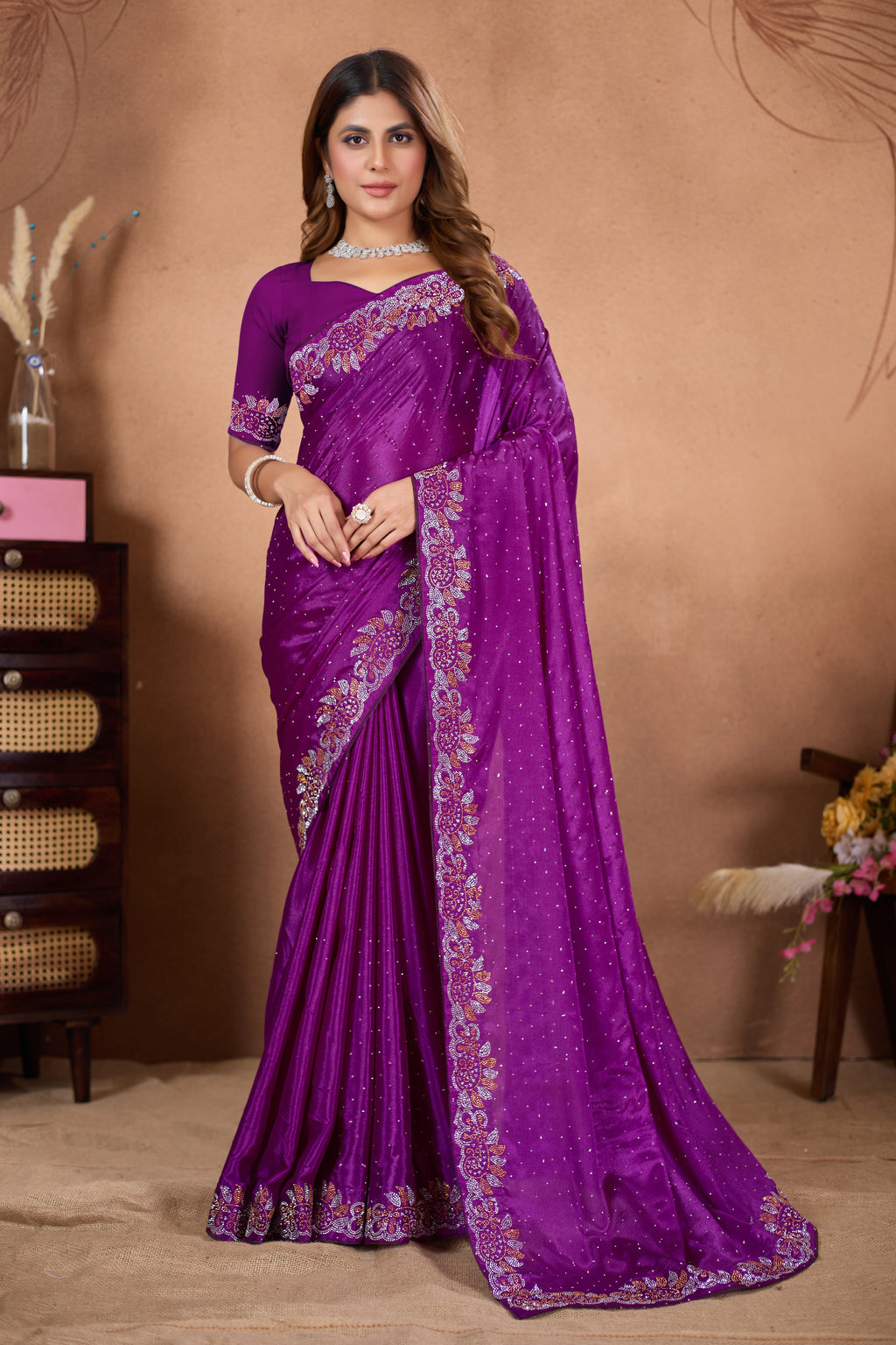 Designer Diamond Work Saree with Embroidered Border & Matching Blouse