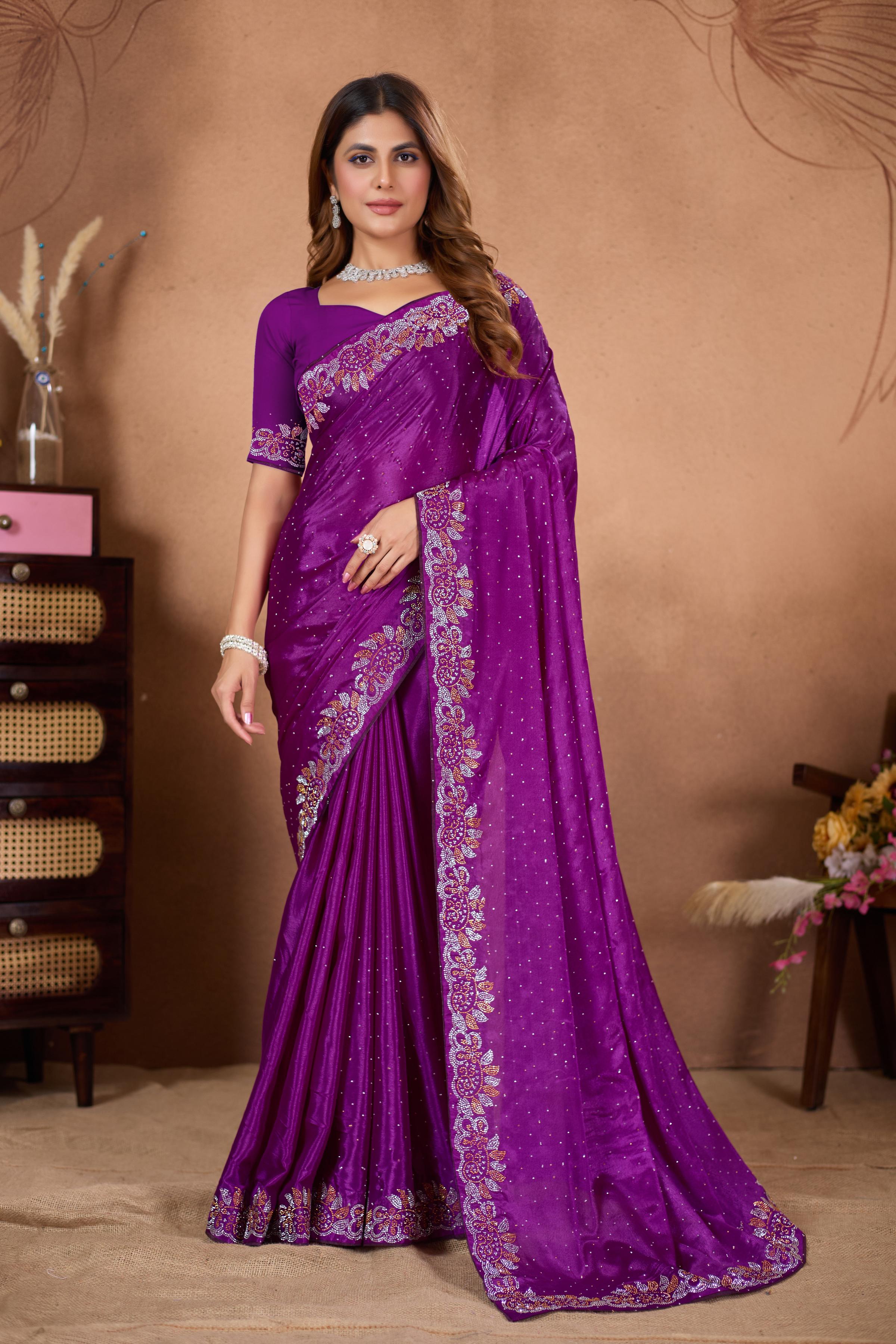 Magenta Diamond Work Georgette Designer Saree