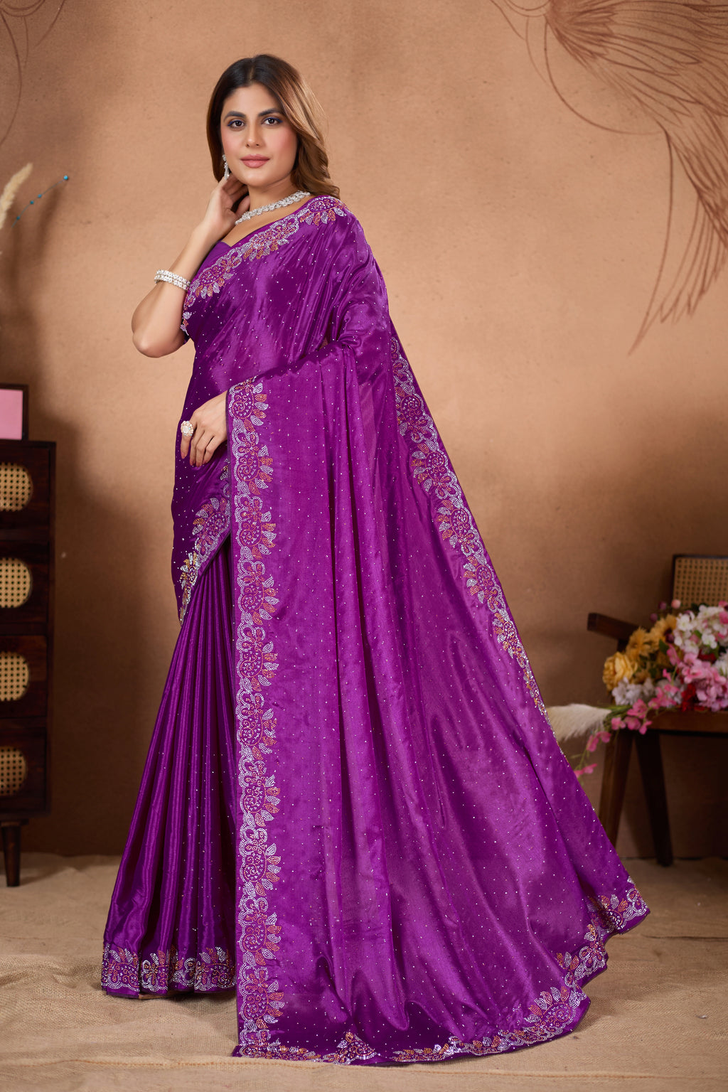 Designer Diamond Work Saree with Embroidered Border & Matching Blouse