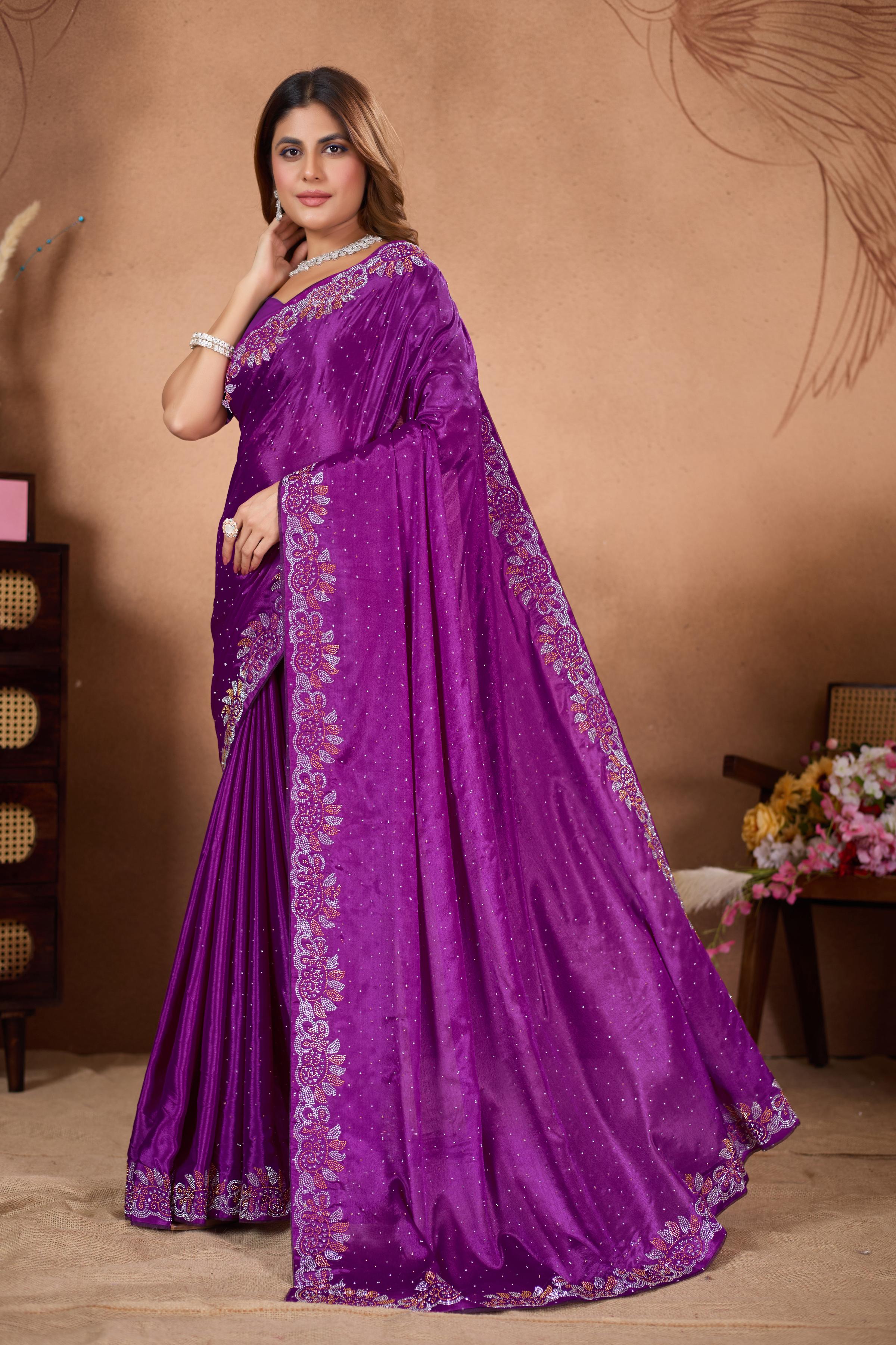 Magenta Diamond Work Georgette Designer Saree