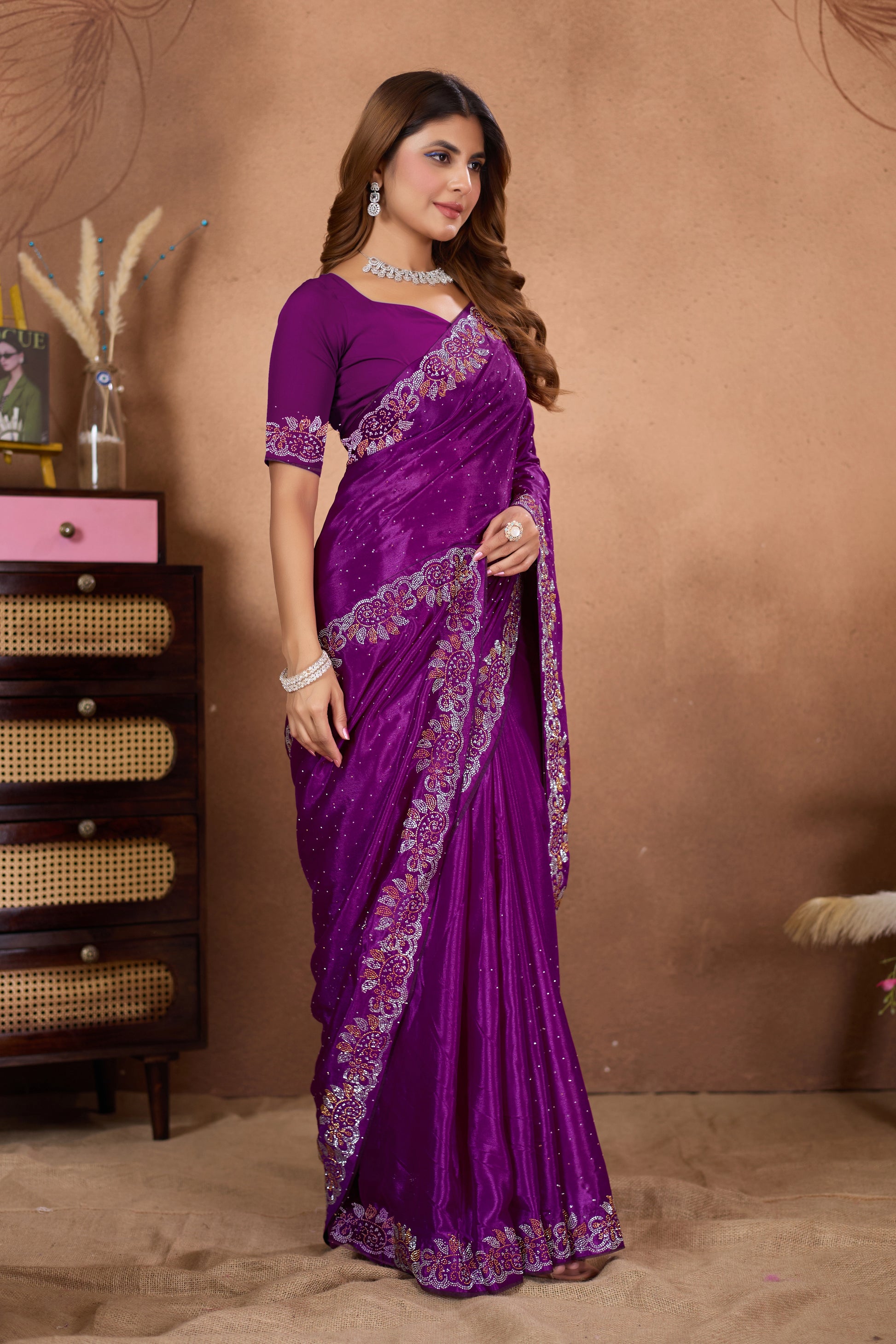 Designer Diamond Work Saree with Embroidered Border & Matching Blouse