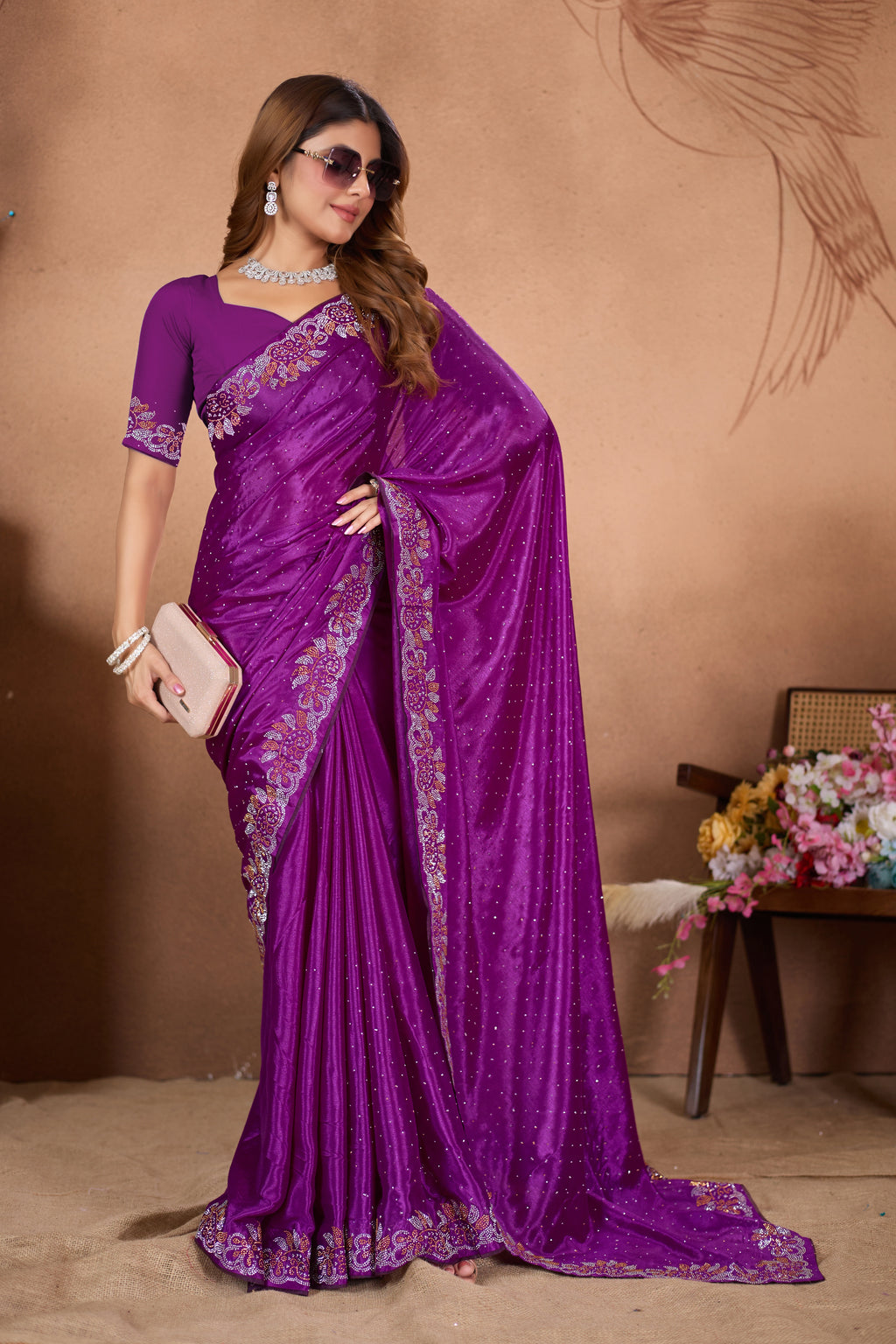 Designer Diamond Work Saree with Embroidered Border & Matching Blouse