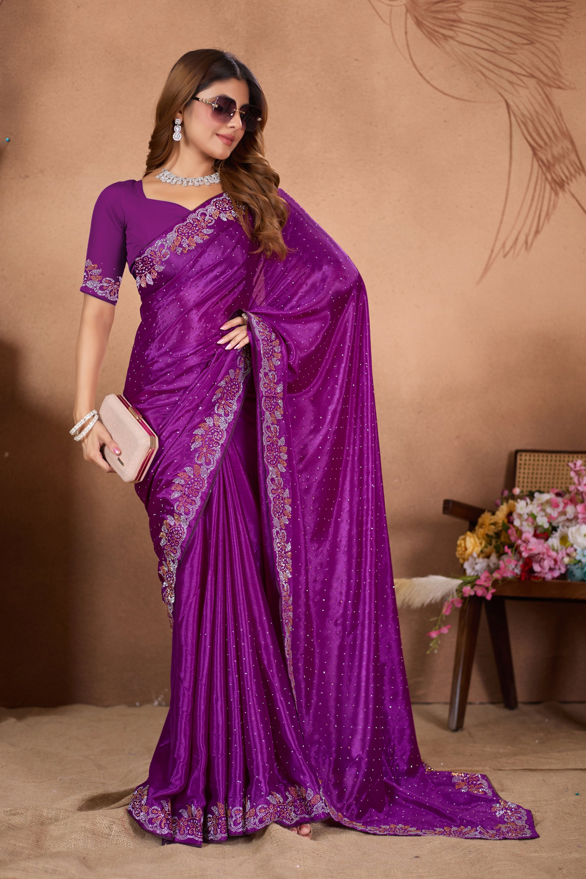 Designer Diamond Work Saree with Embroidered Border & Matching Blouse