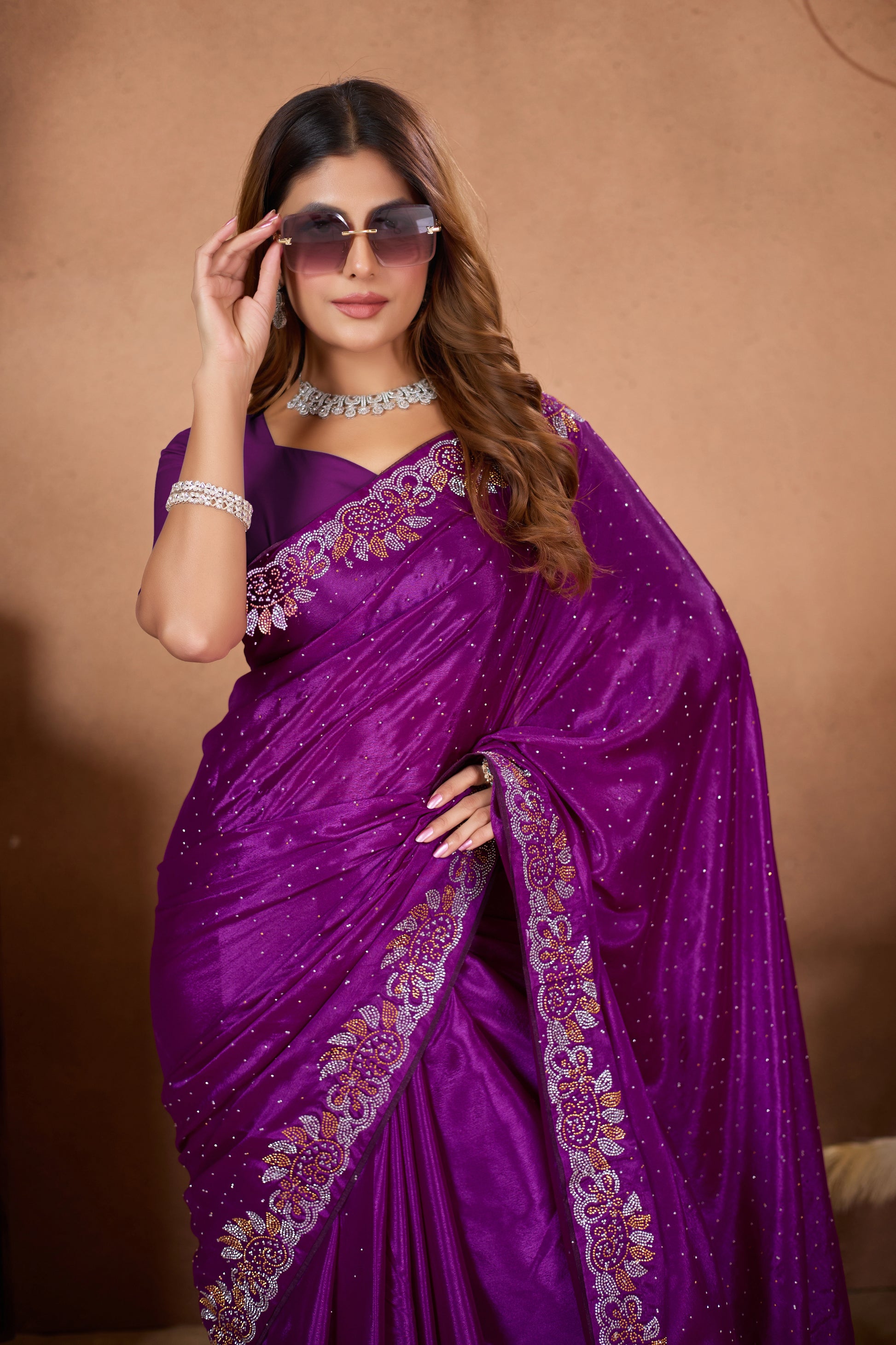 Designer Diamond Work Saree with Embroidered Border & Matching Blouse