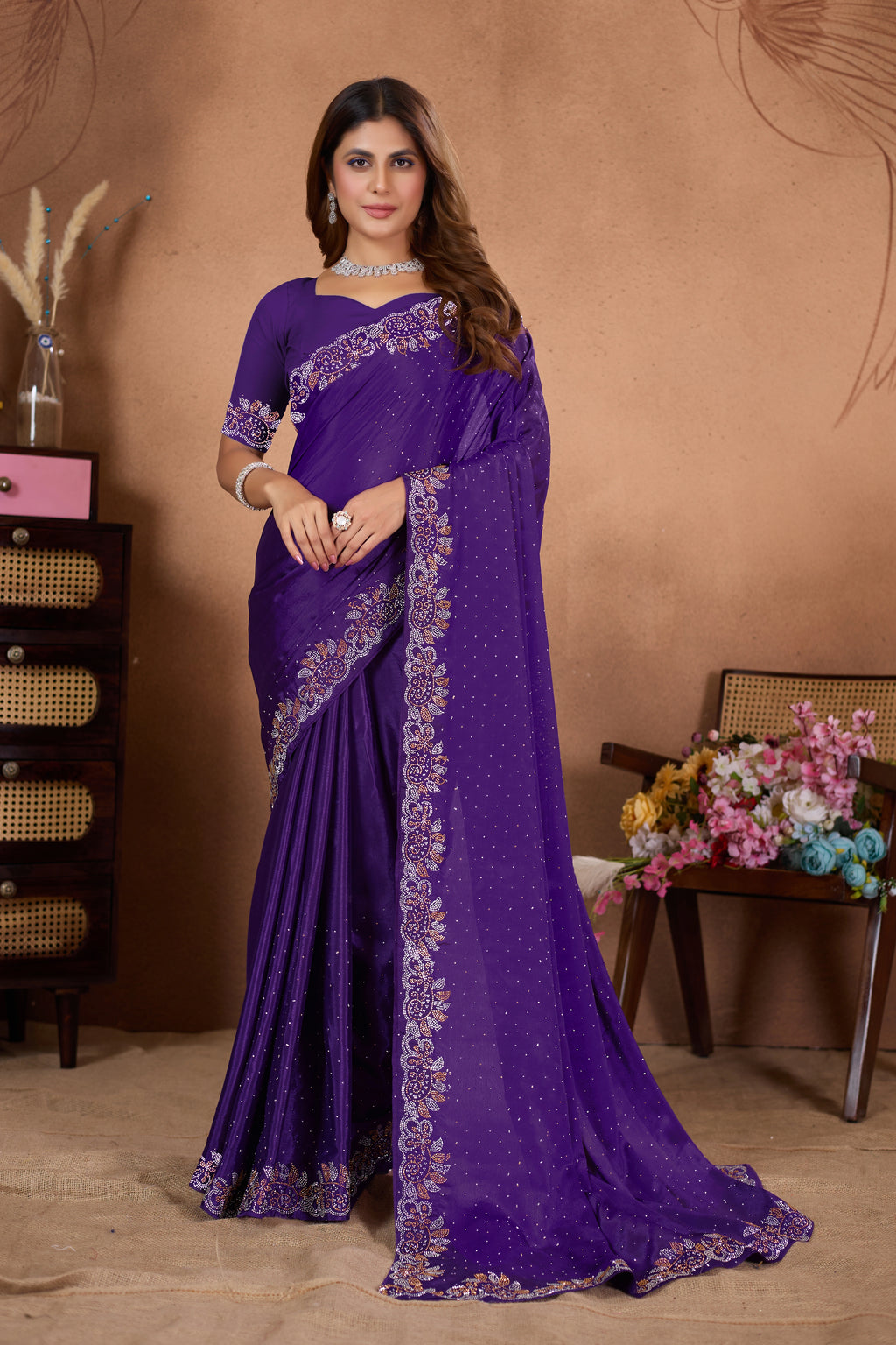 Designer Diamond Work Saree with Embroidered Border & Matching Blouse