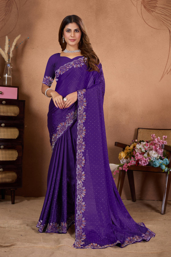 Purple Diamond Work Georgette Designer Saree