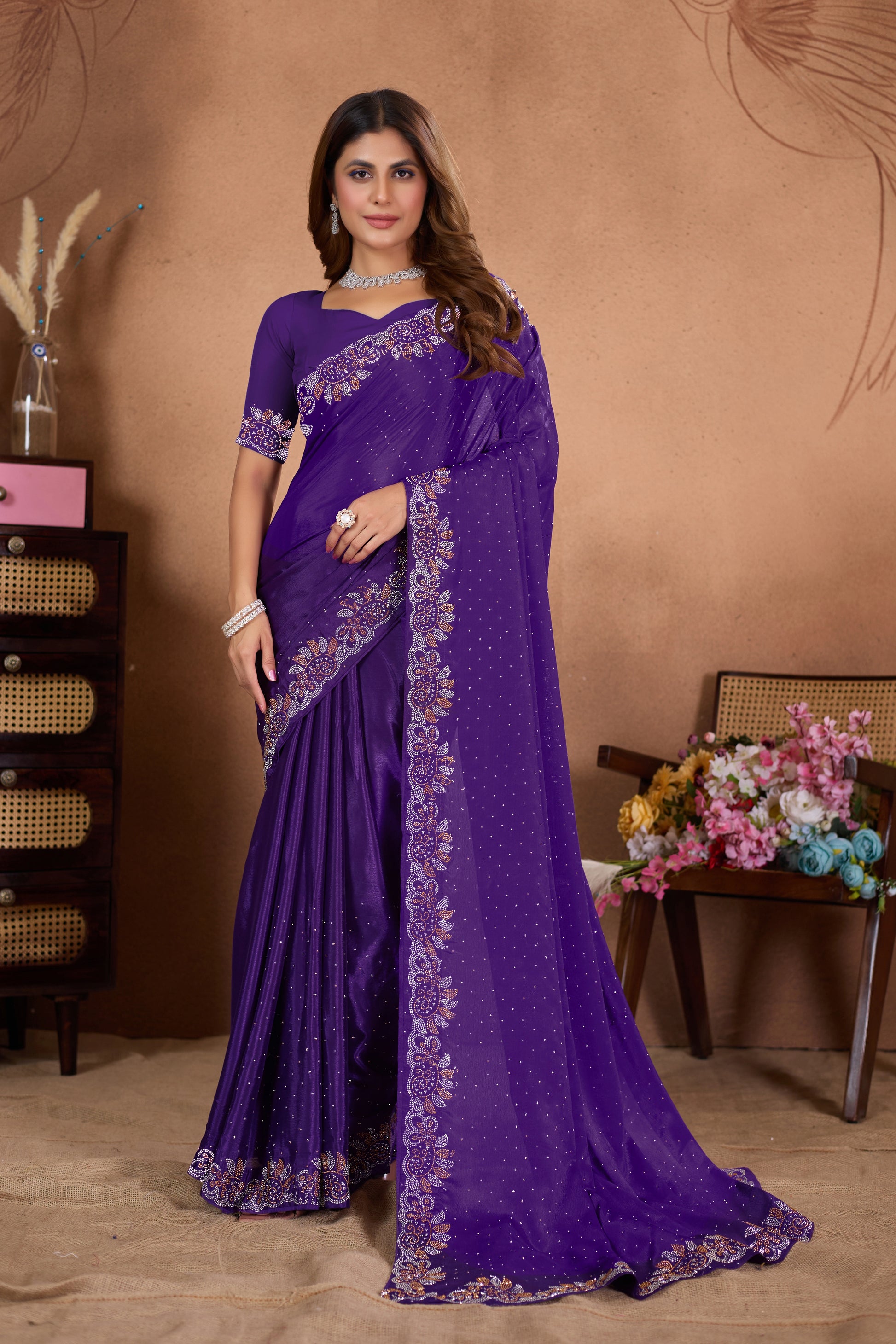 Designer Diamond Work Saree with Embroidered Border & Matching Blouse