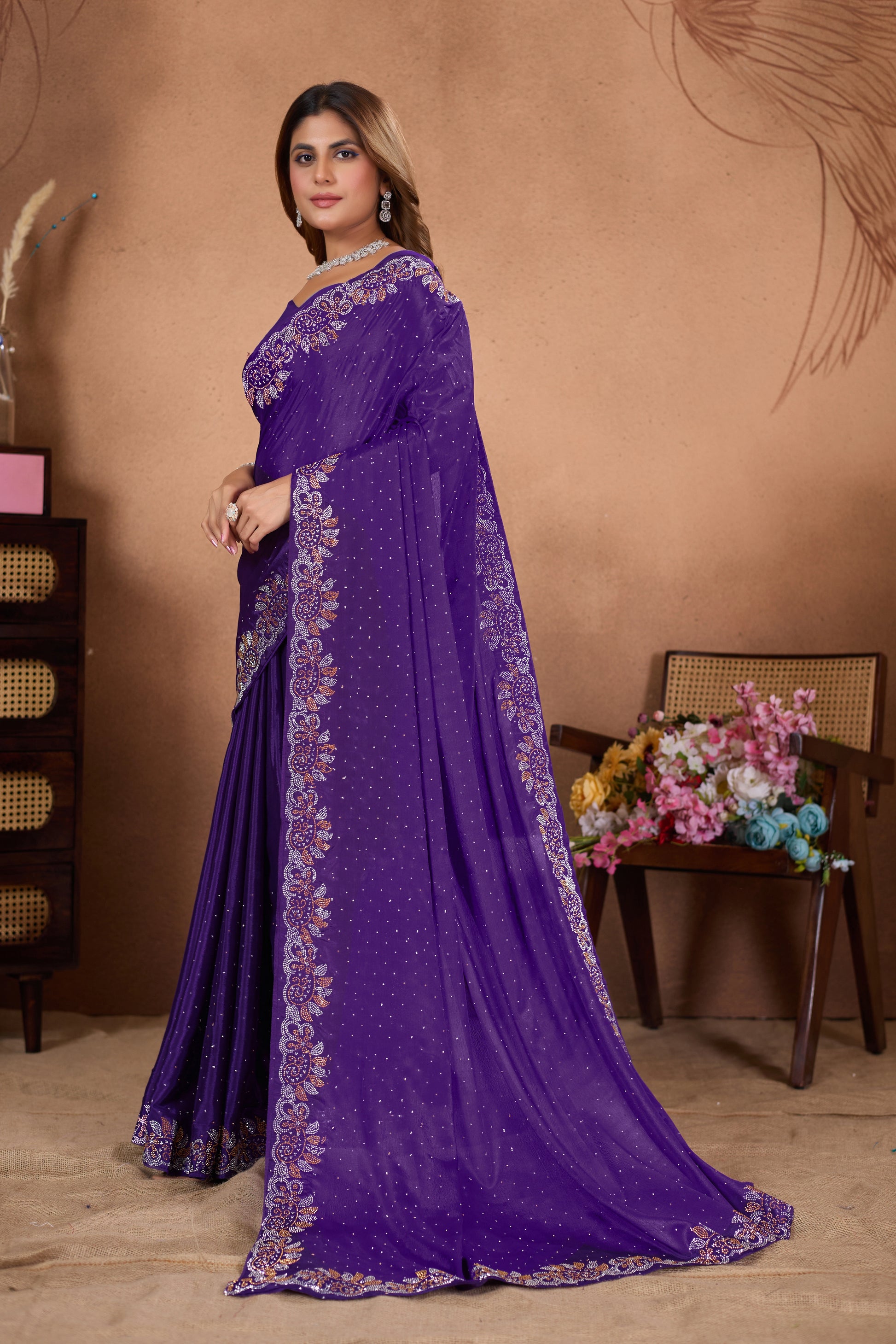 Designer Diamond Work Saree with Embroidered Border & Matching Blouse