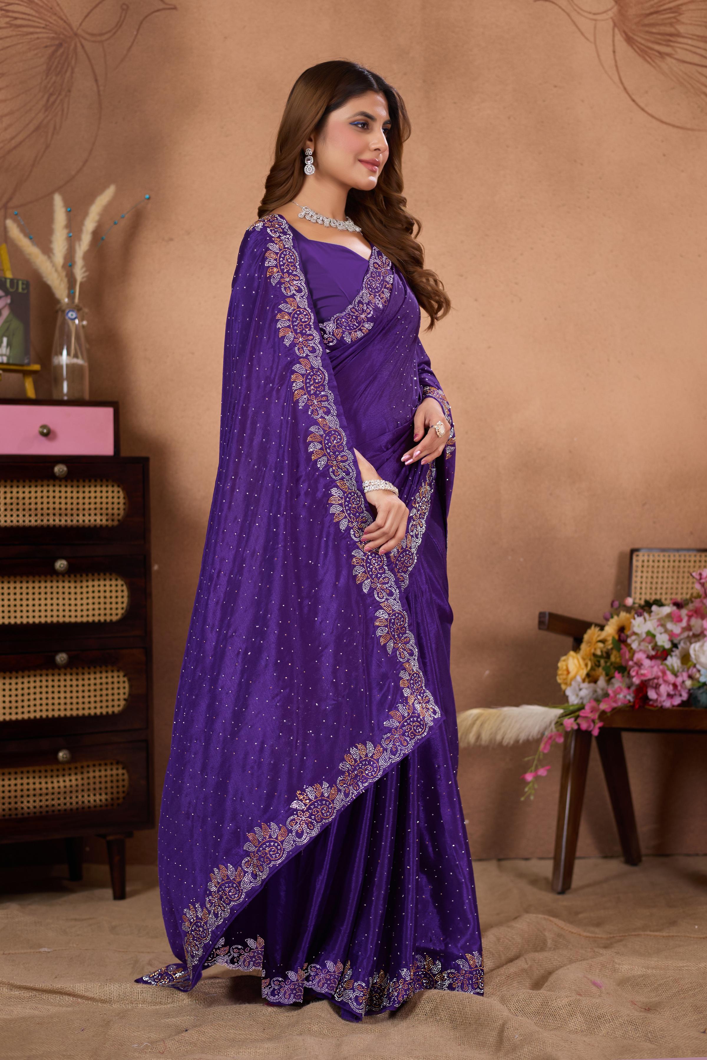 Purple Diamond Work Georgette Designer Saree