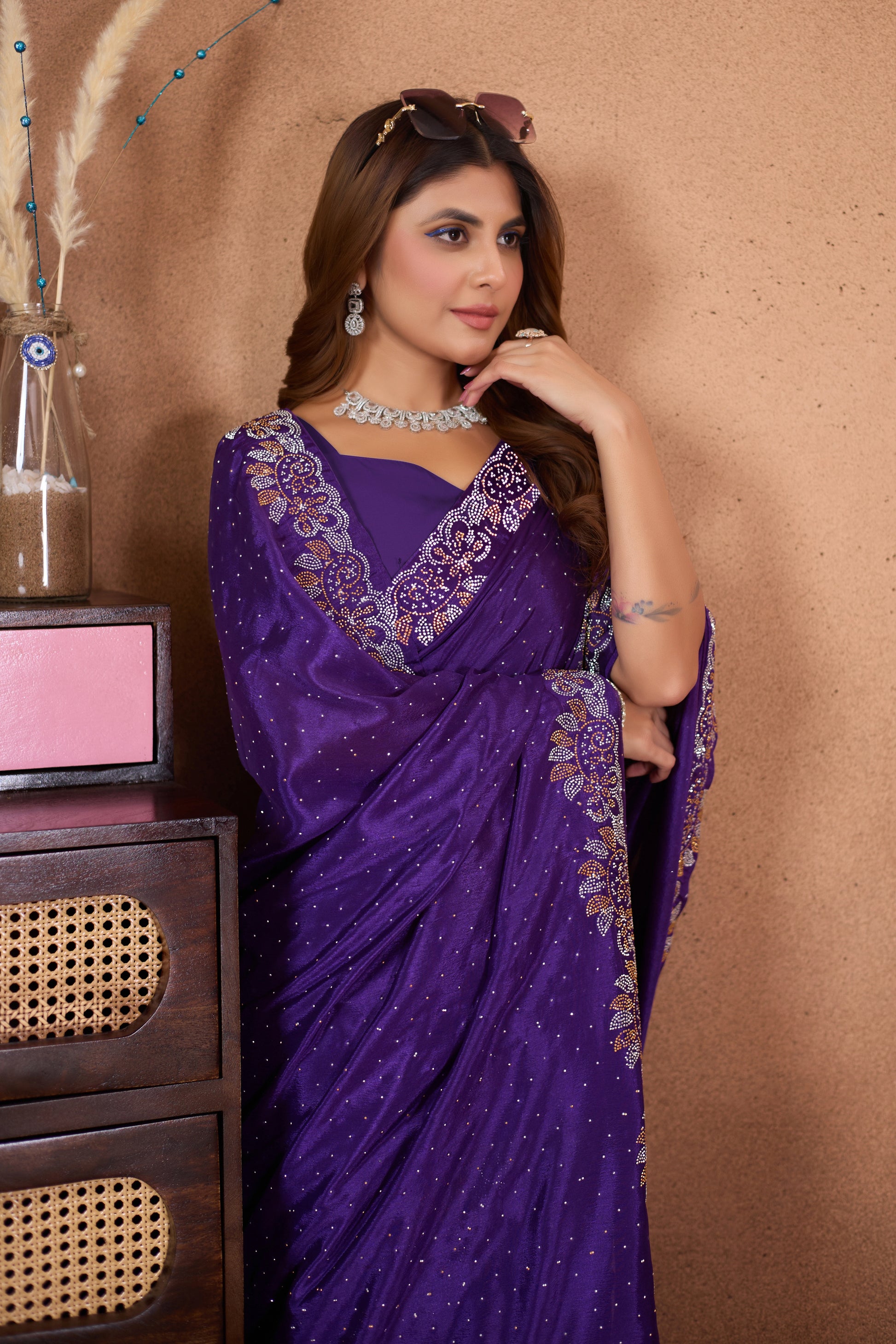 Designer Diamond Work Saree with Embroidered Border & Matching Blouse