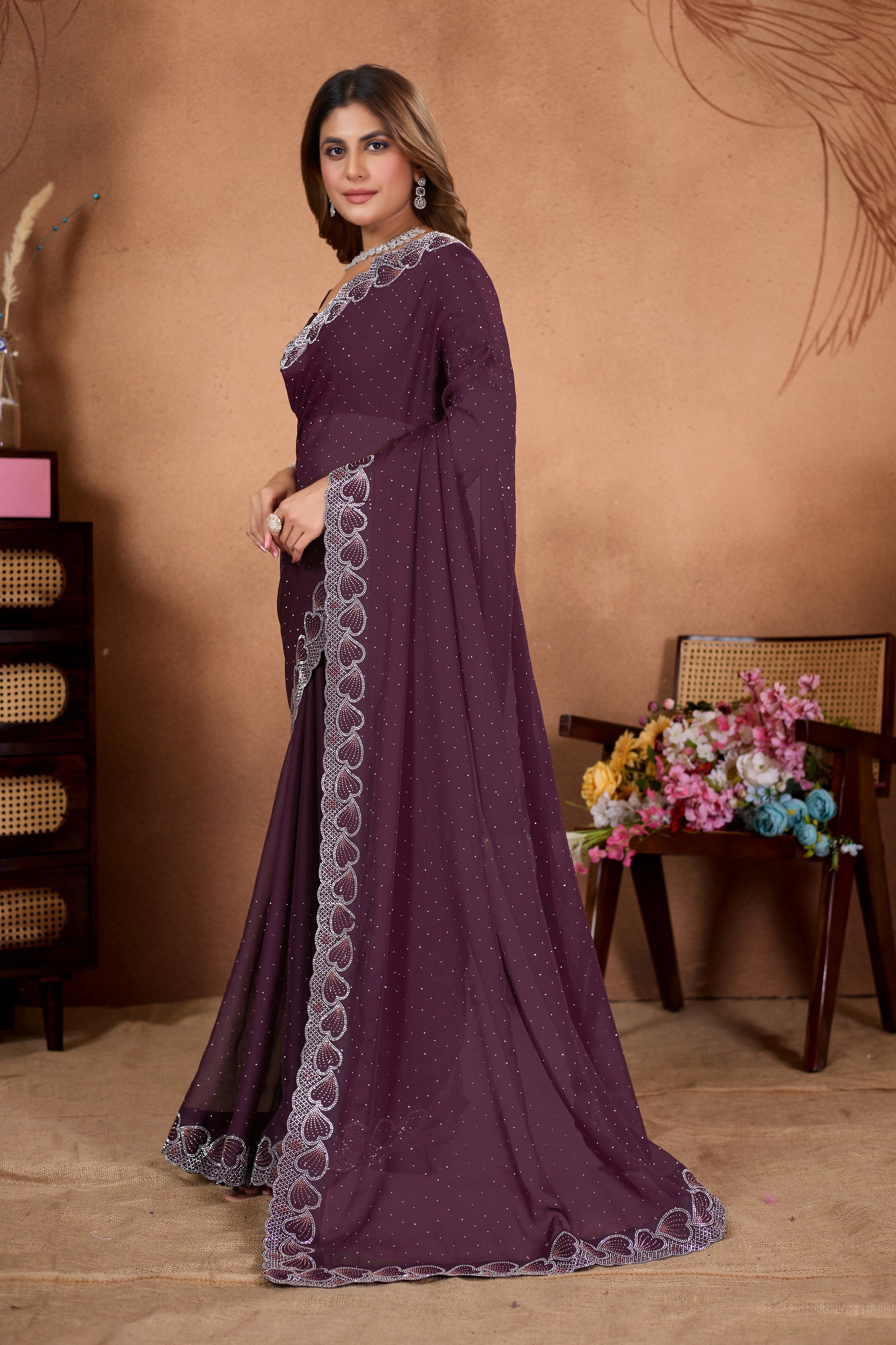 Designer Diamond Work Saree with Embroidered Border & Matching Blouse