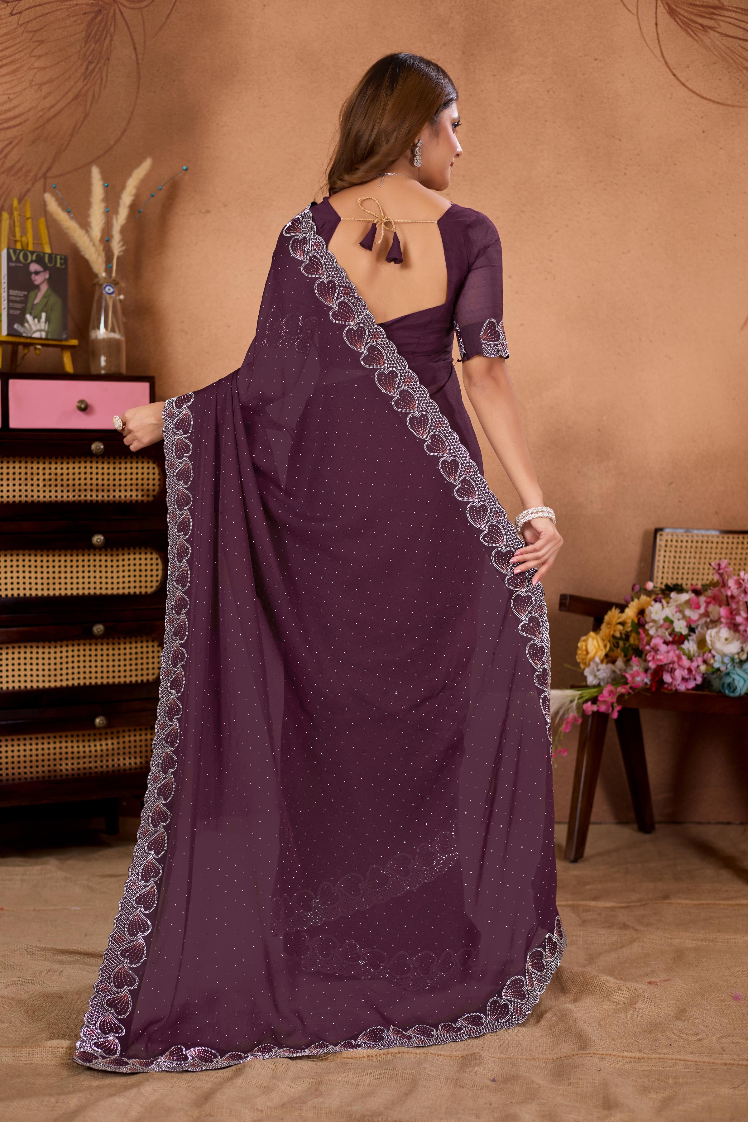Wine Heart Border Diamond Work Chiffon Saree