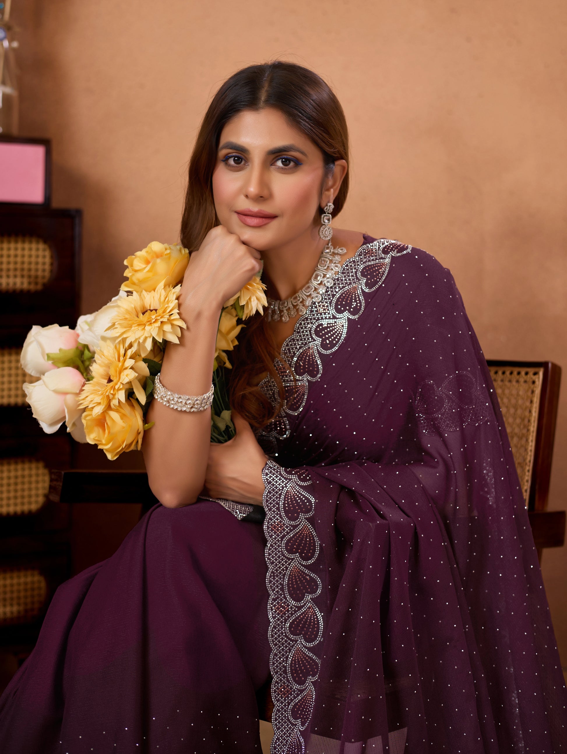 Designer Diamond Work Saree with Embroidered Border & Matching Blouse