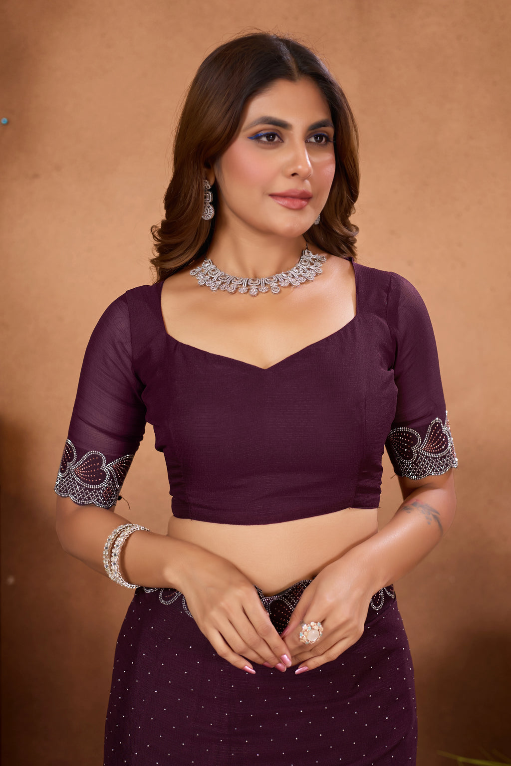 Designer Diamond Work Saree with Embroidered Border & Matching Blouse