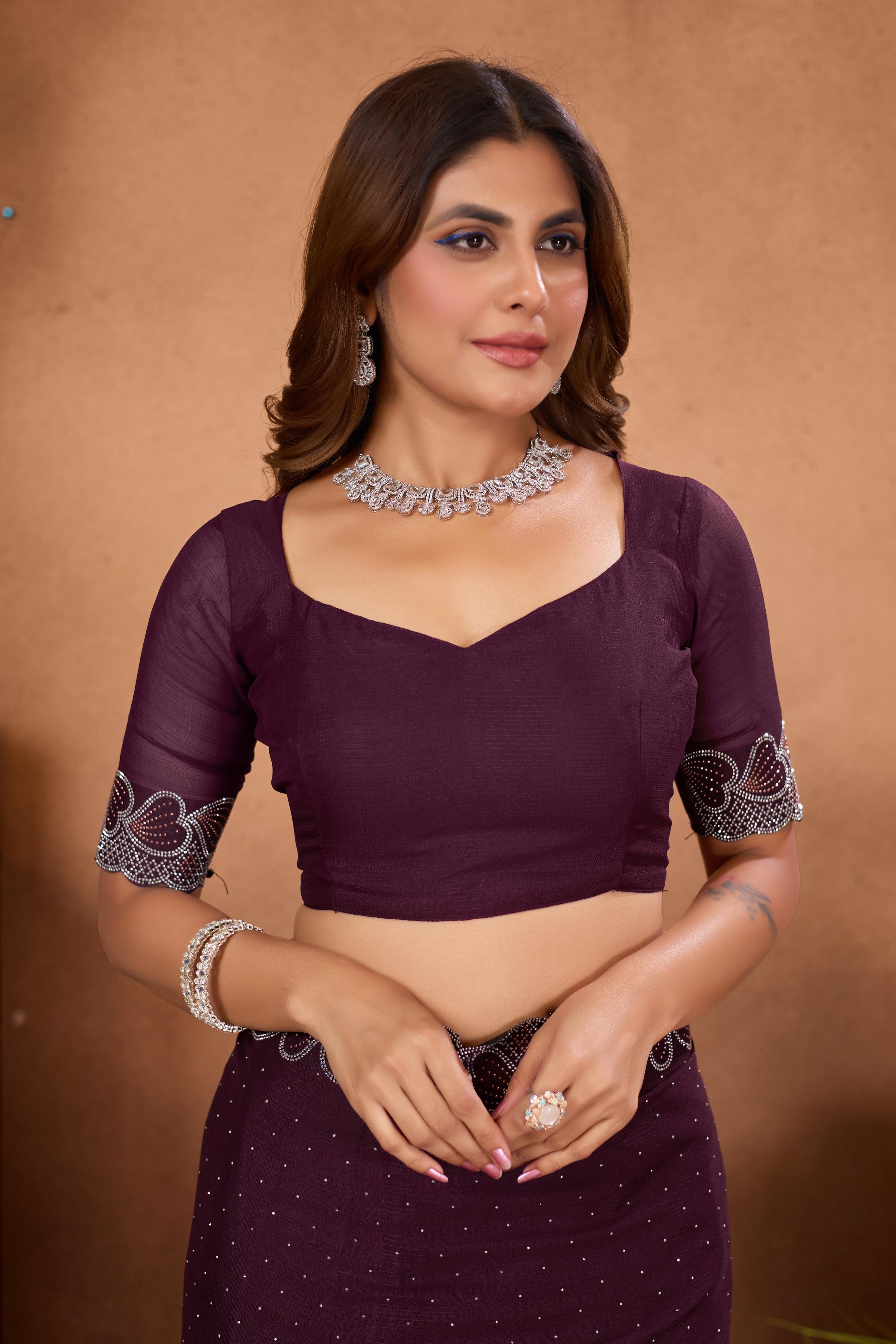 Wine Heart Border Diamond Work Chiffon Saree