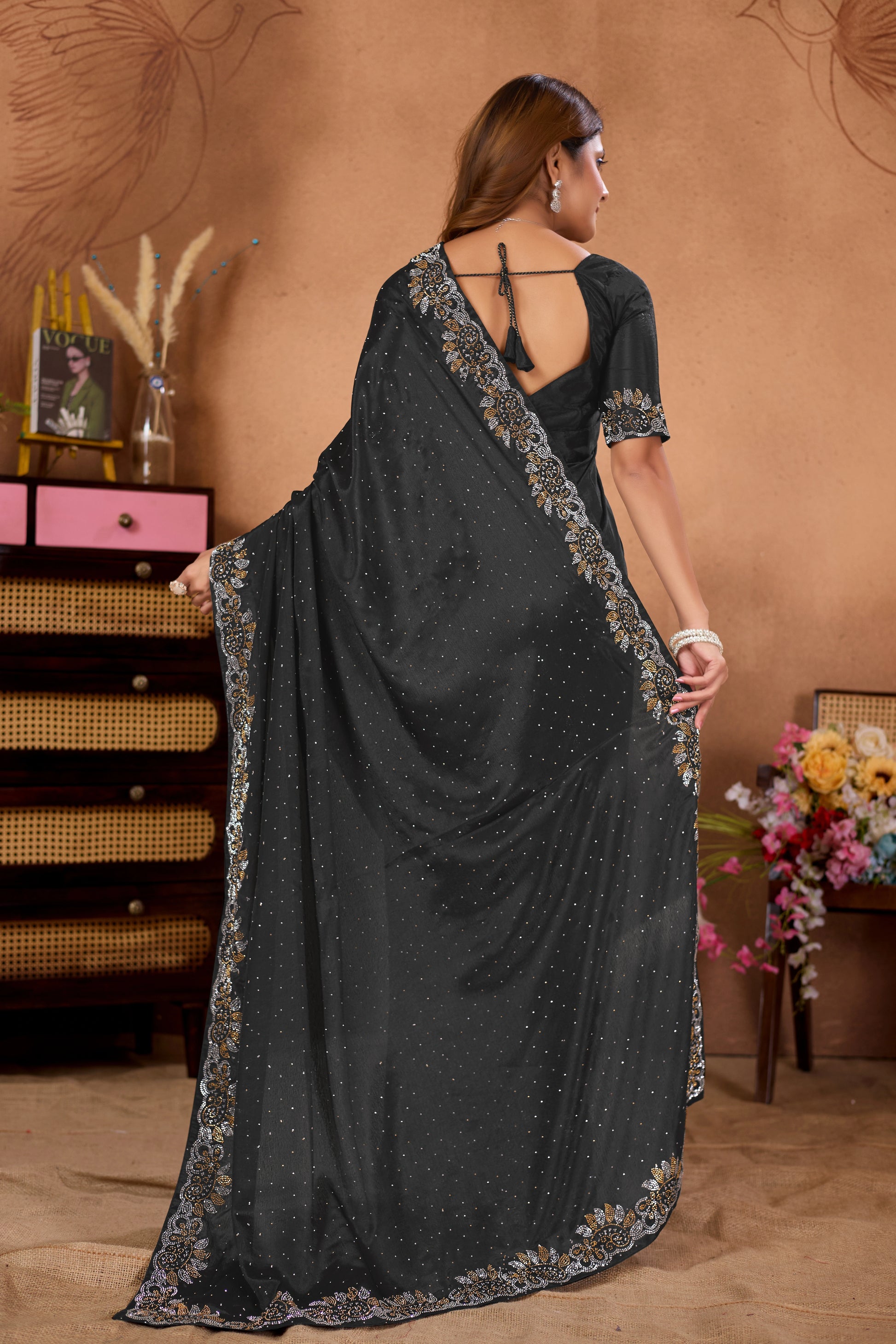 Designer Diamond Work Saree with Embroidered Border & Matching Blouse