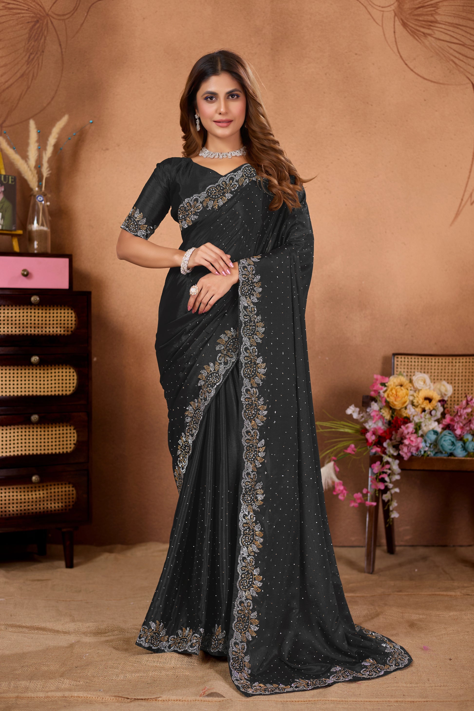 Designer Diamond Work Saree with Embroidered Border & Matching Blouse