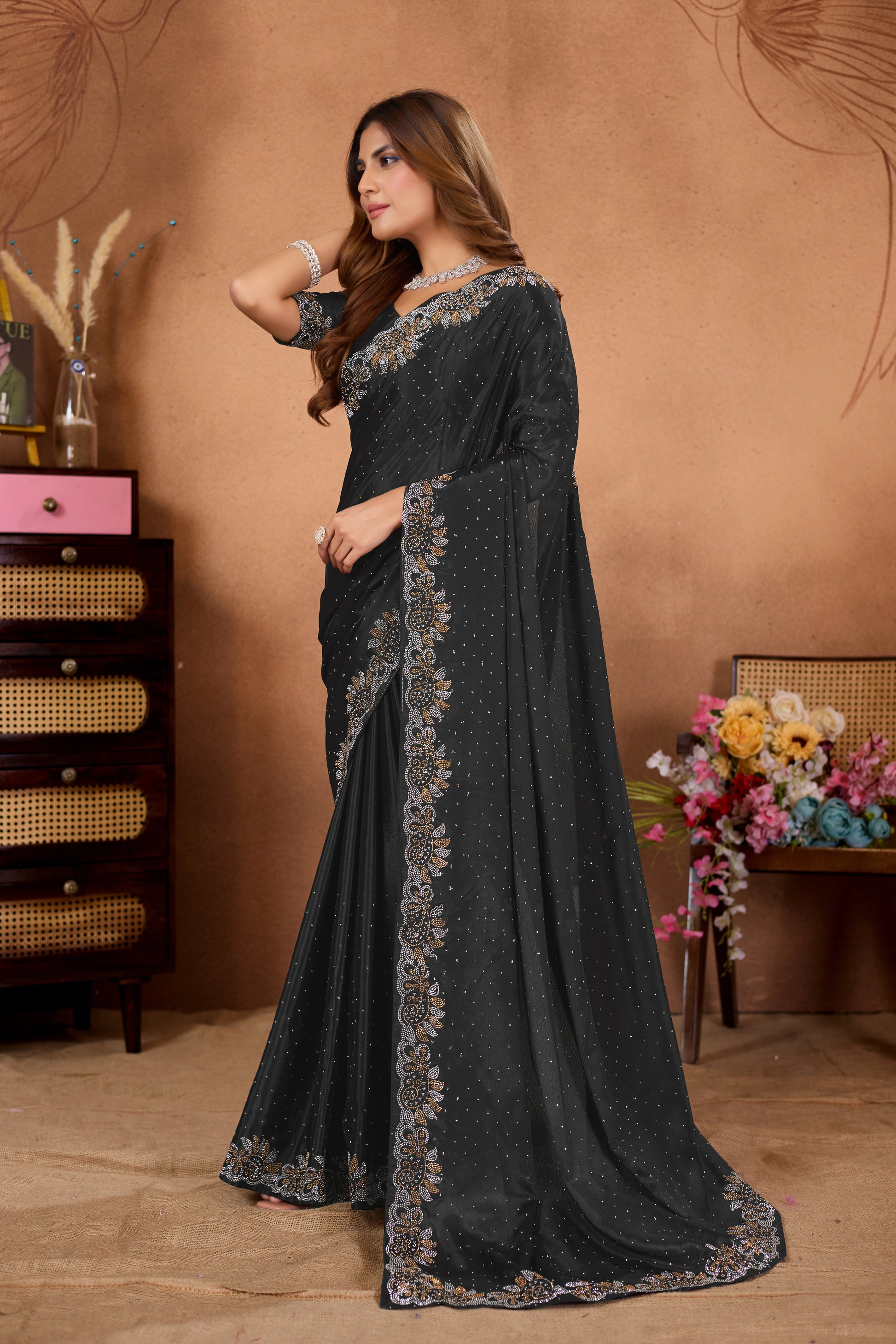Designer Diamond Work Saree with Embroidered Border & Matching Blouse