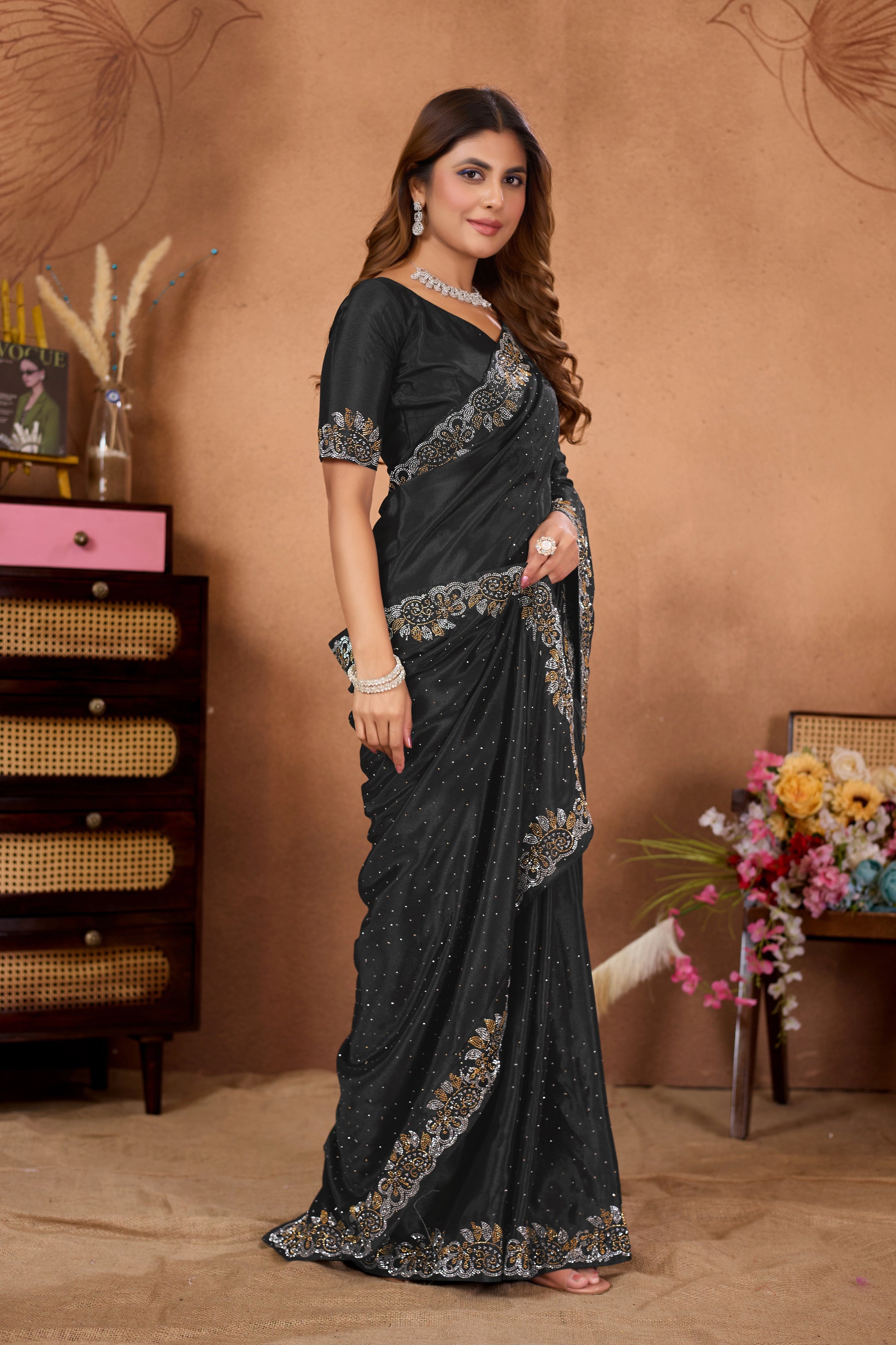 Designer Diamond Work Saree with Embroidered Border & Matching Blouse