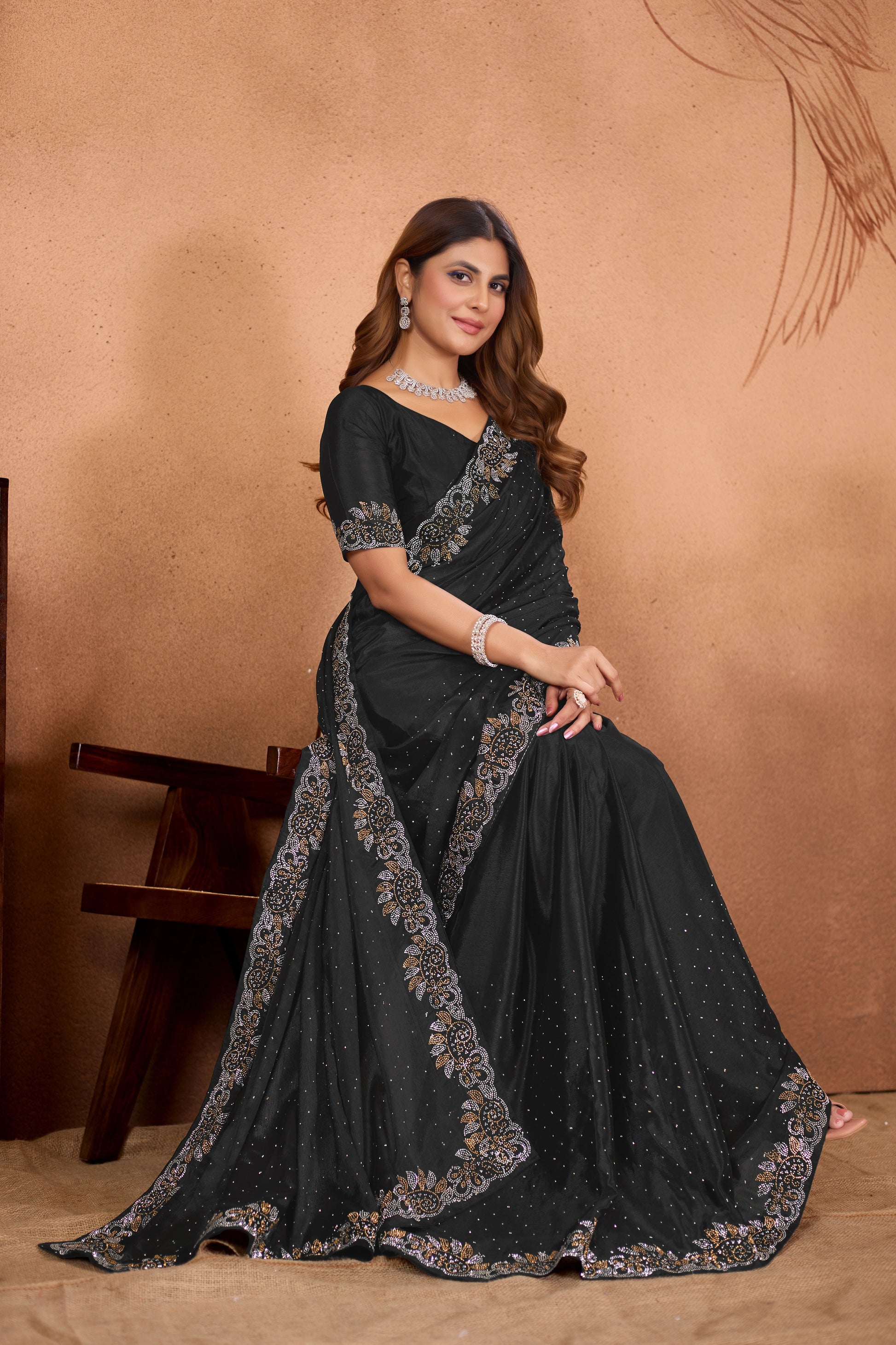 Designer Diamond Work Saree with Embroidered Border & Matching Blouse