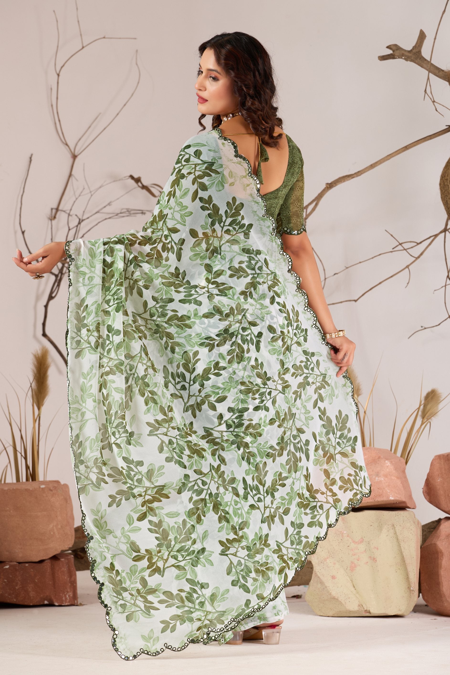 Green Georgette Leaf Print With Mirror Cutwork Saree