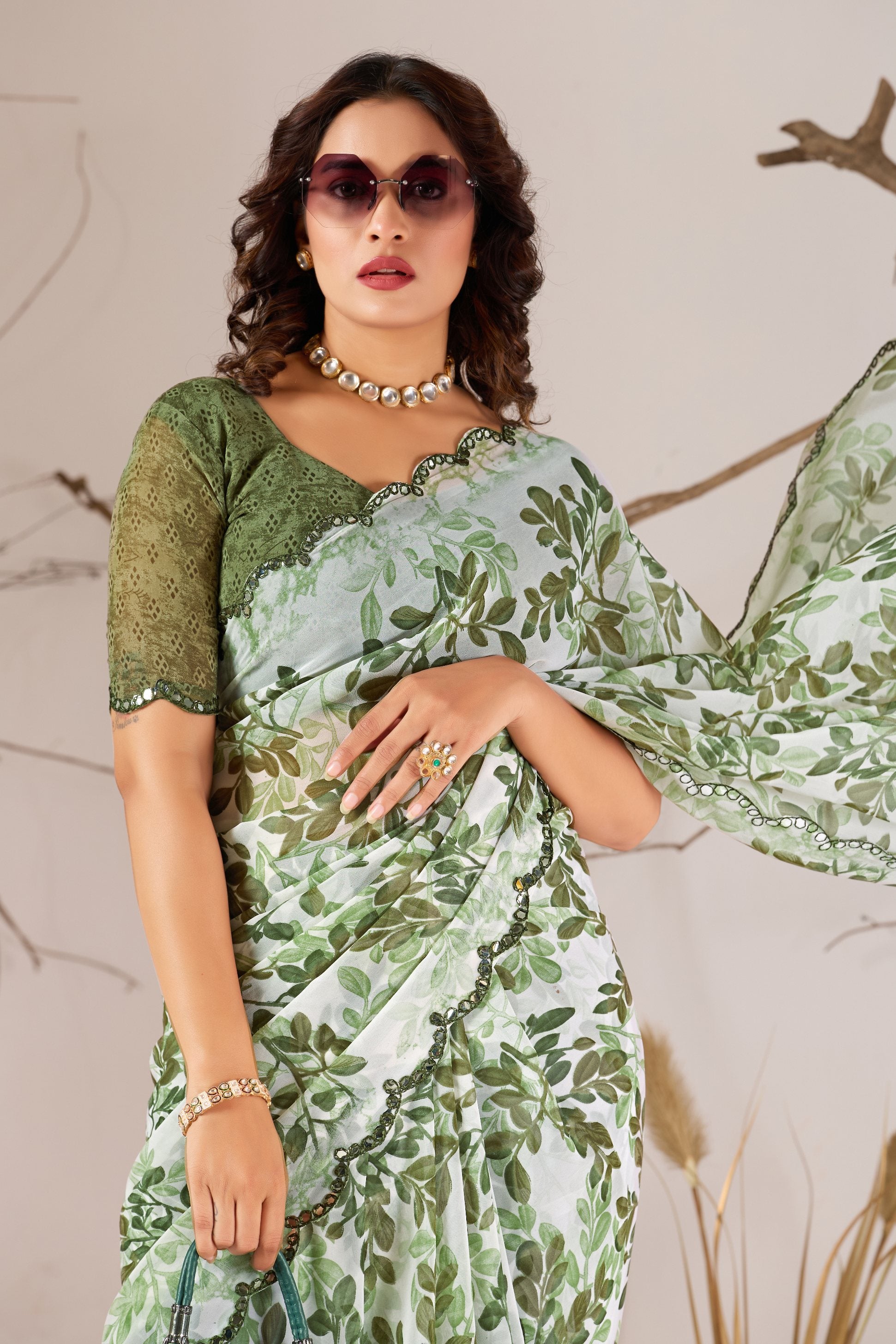Green Georgette Leaf Print With Mirror Cutwork Saree