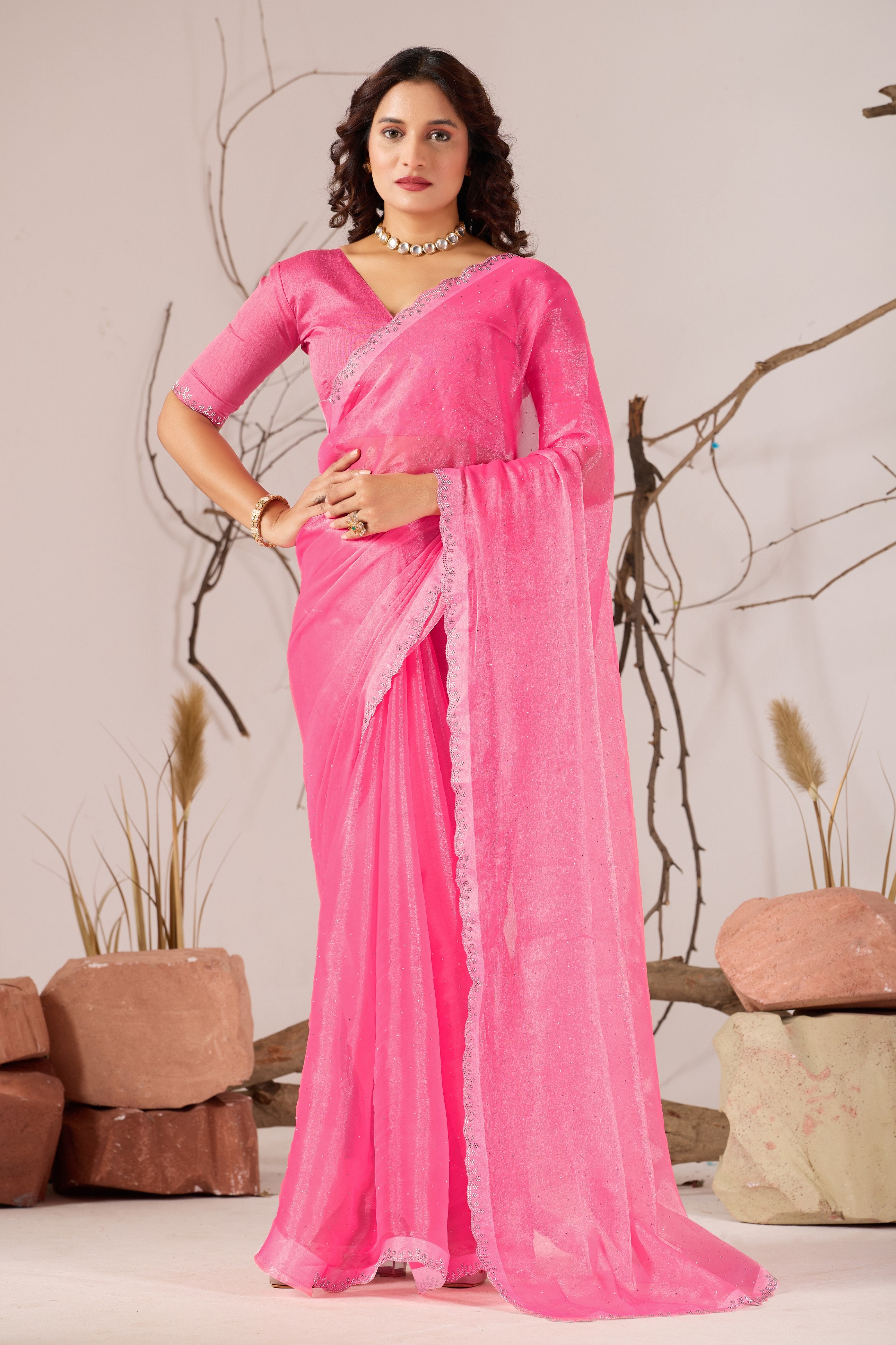 Trending Beautiful Diamond Work Jimmy ChHoo Saree With  Attractive Blouse Piece