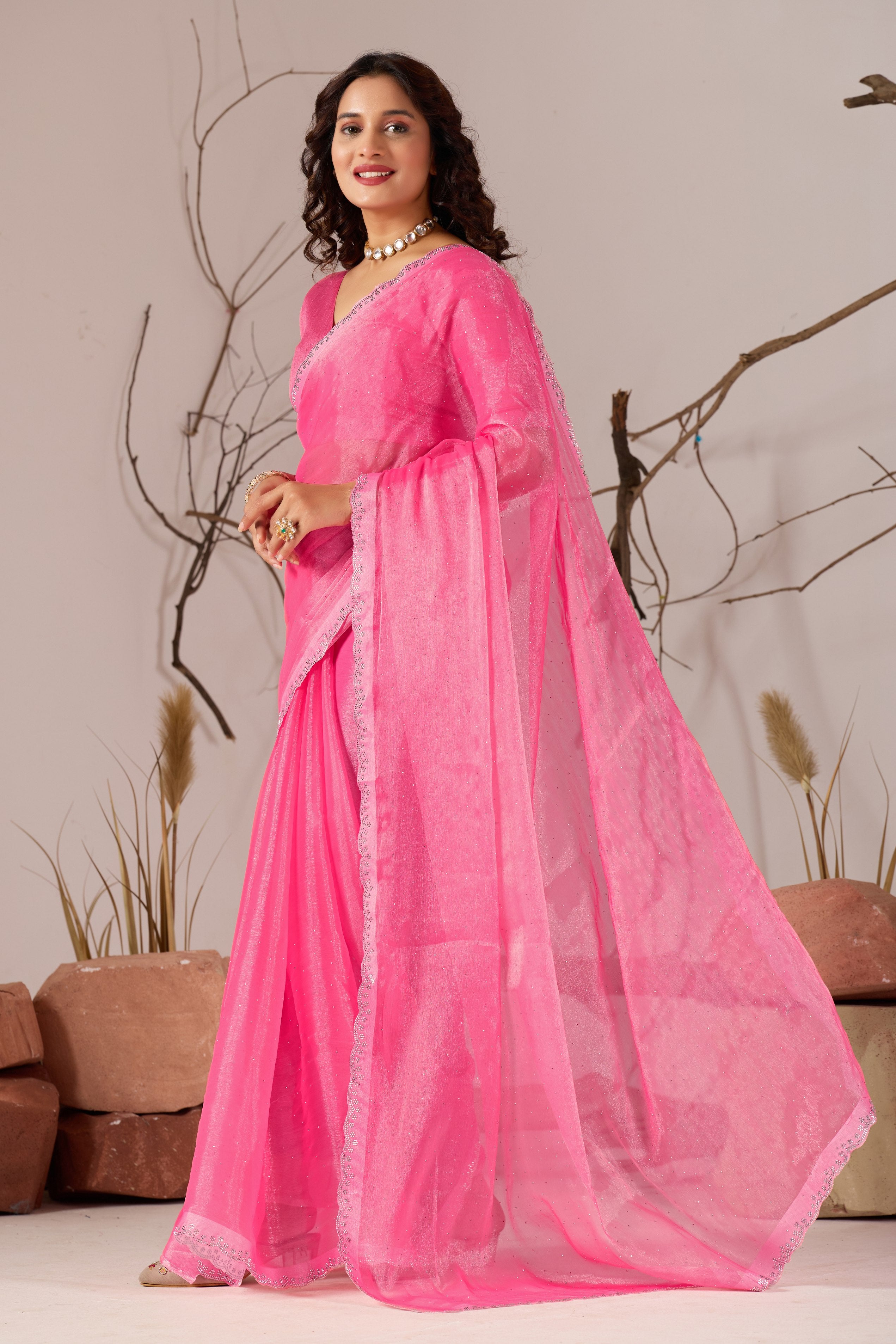 Trending Beautiful Diamond Work Jimmy ChHoo Saree With  Attractive Blouse Piece