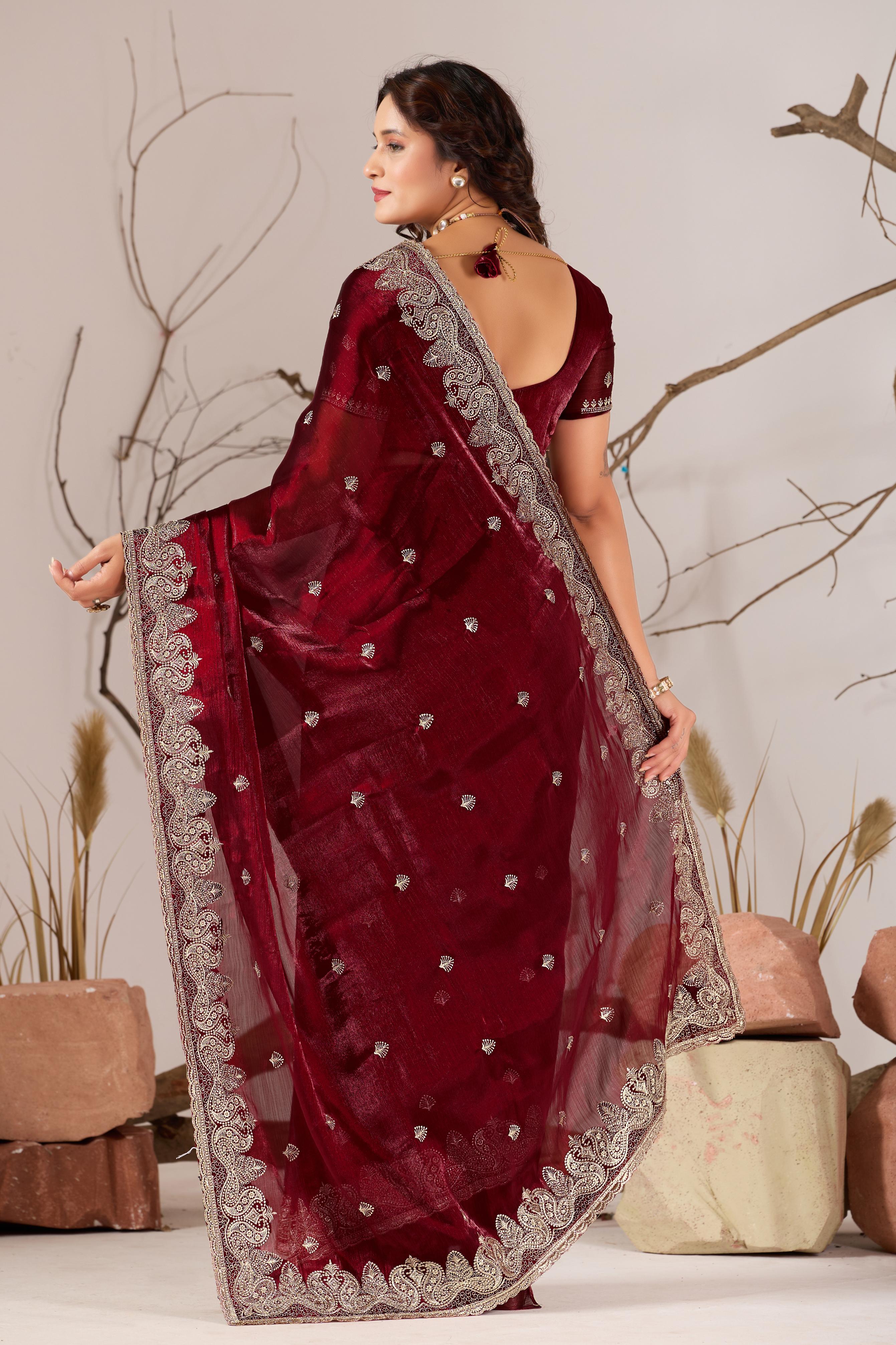 Trending Beautiful  Embroidery Work Jimmy ChHoo Saree With  Attractive Blouse Piece