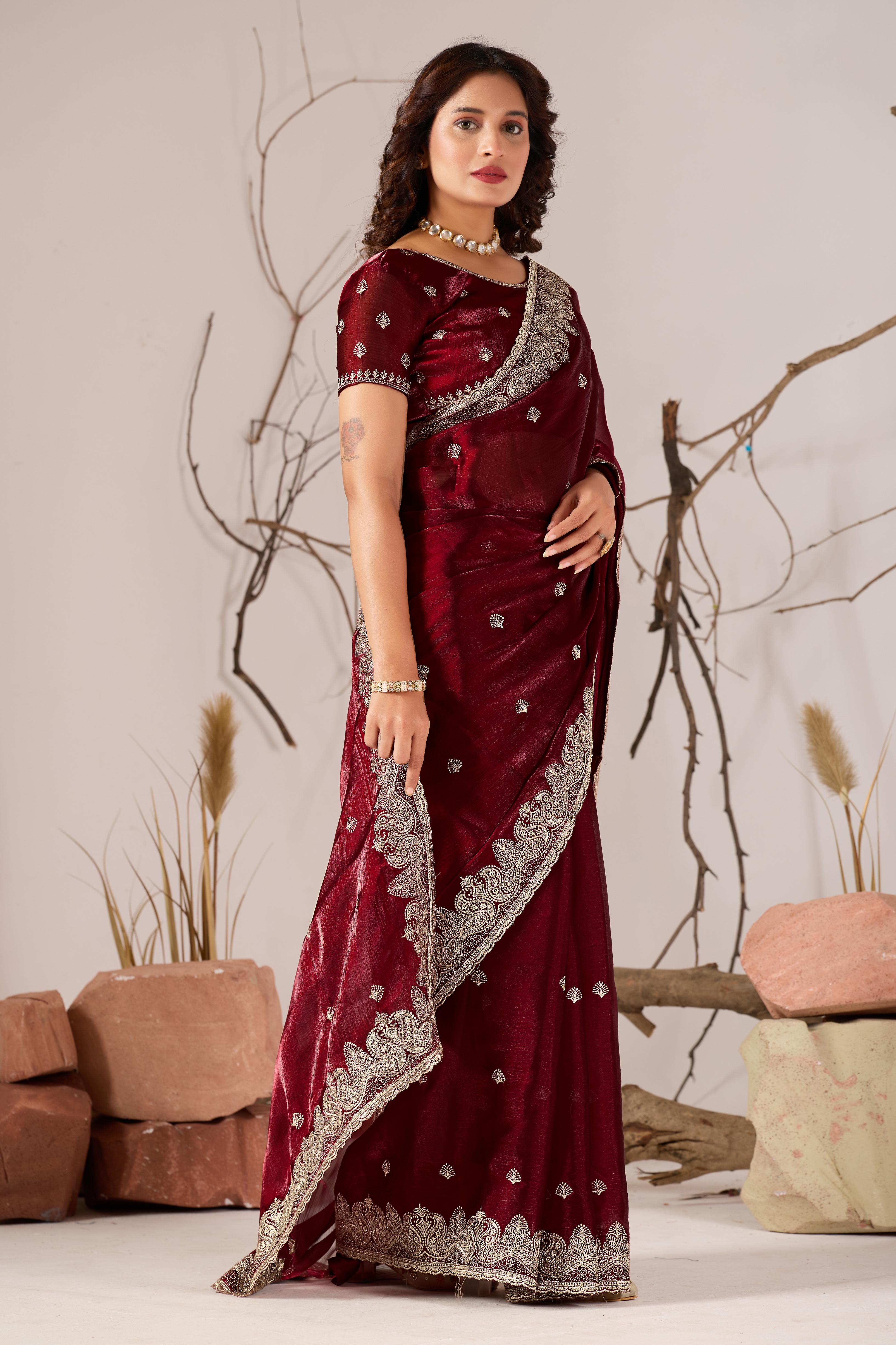 Trending Beautiful  Embroidery Work Jimmy ChHoo Saree With  Attractive Blouse Piece