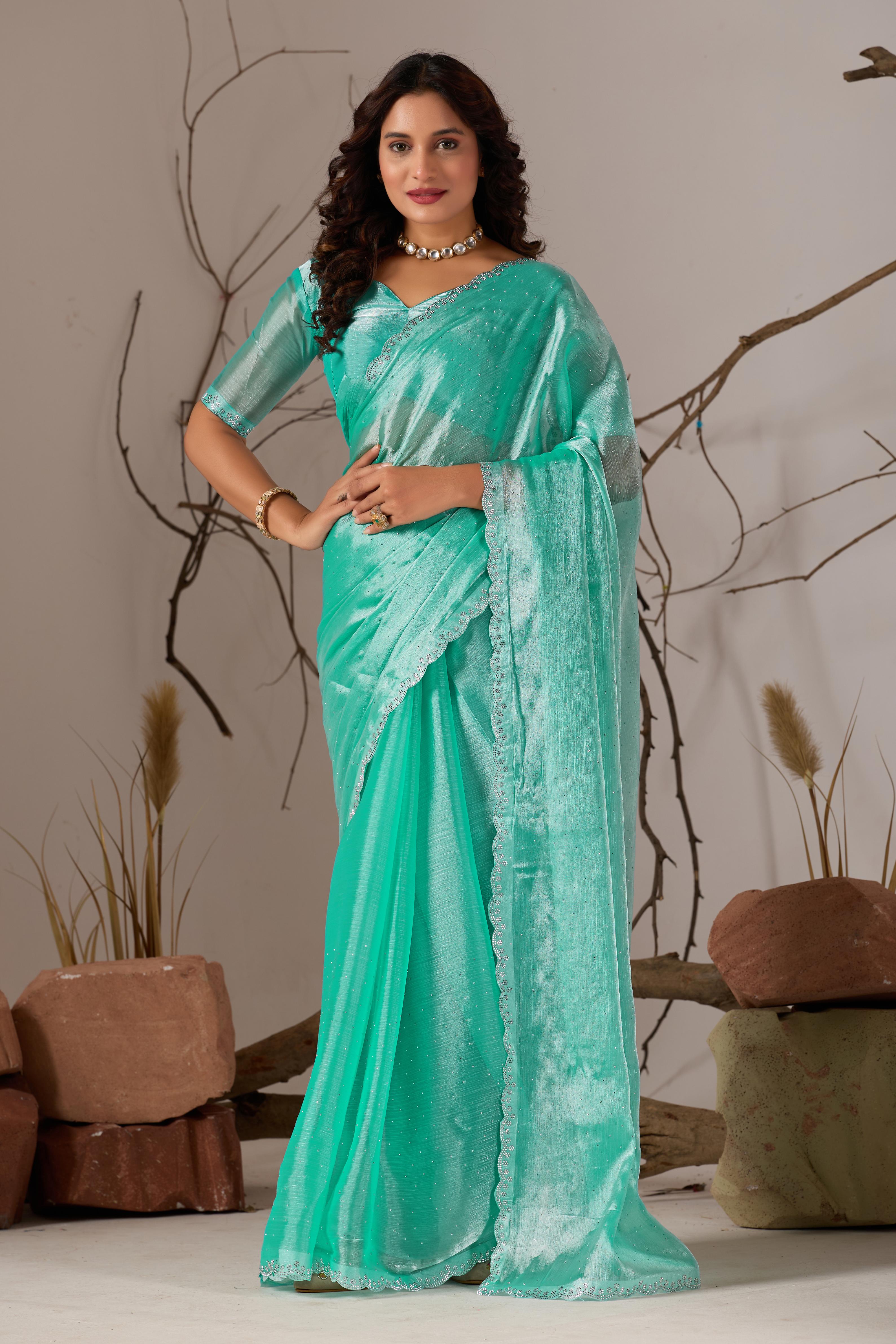 Trending Beautiful Diamond Work Jimmy ChHoo Saree With  Attractive Blouse Piece