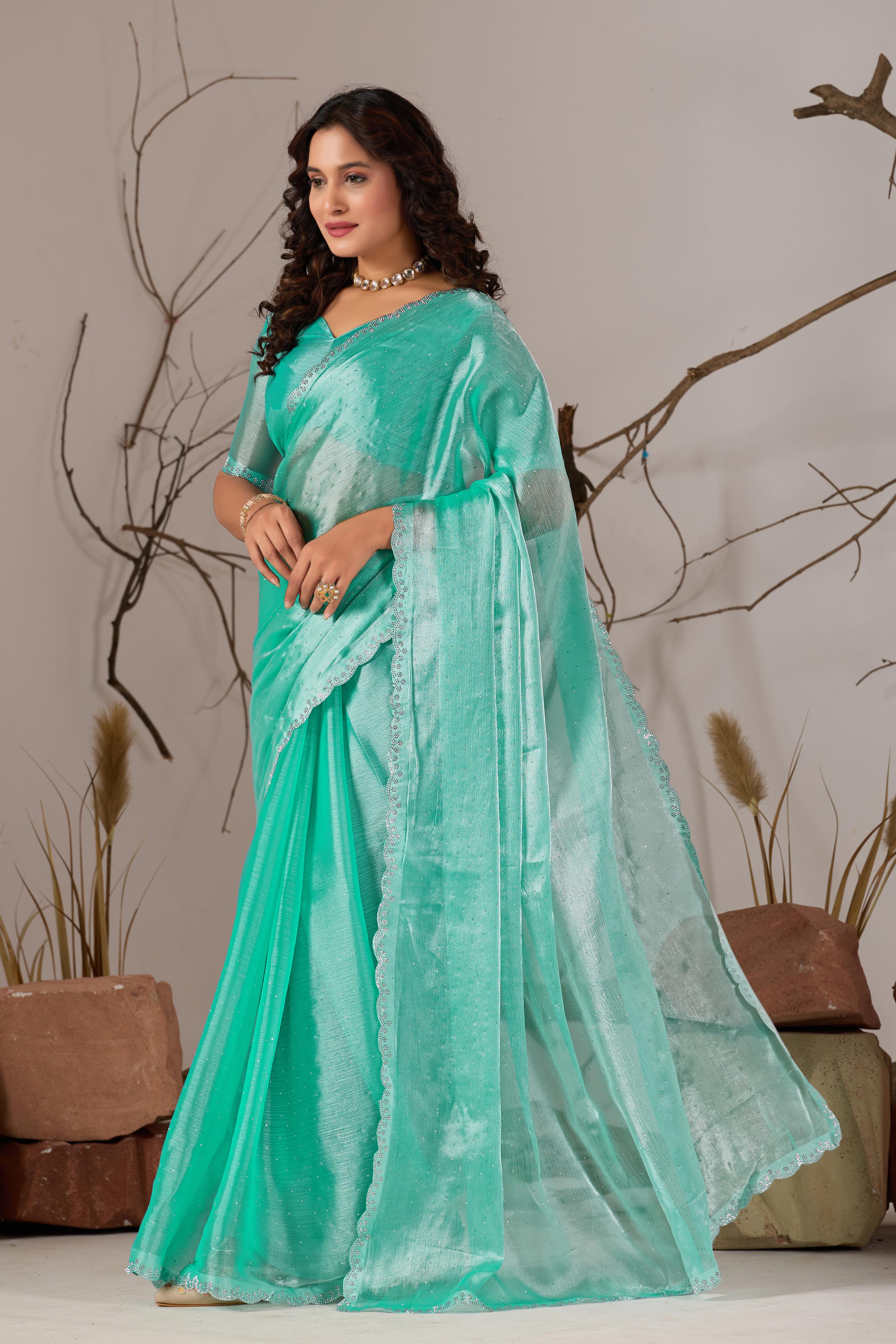 Trending Beautiful Diamond Work Jimmy ChHoo Saree With  Attractive Blouse Piece