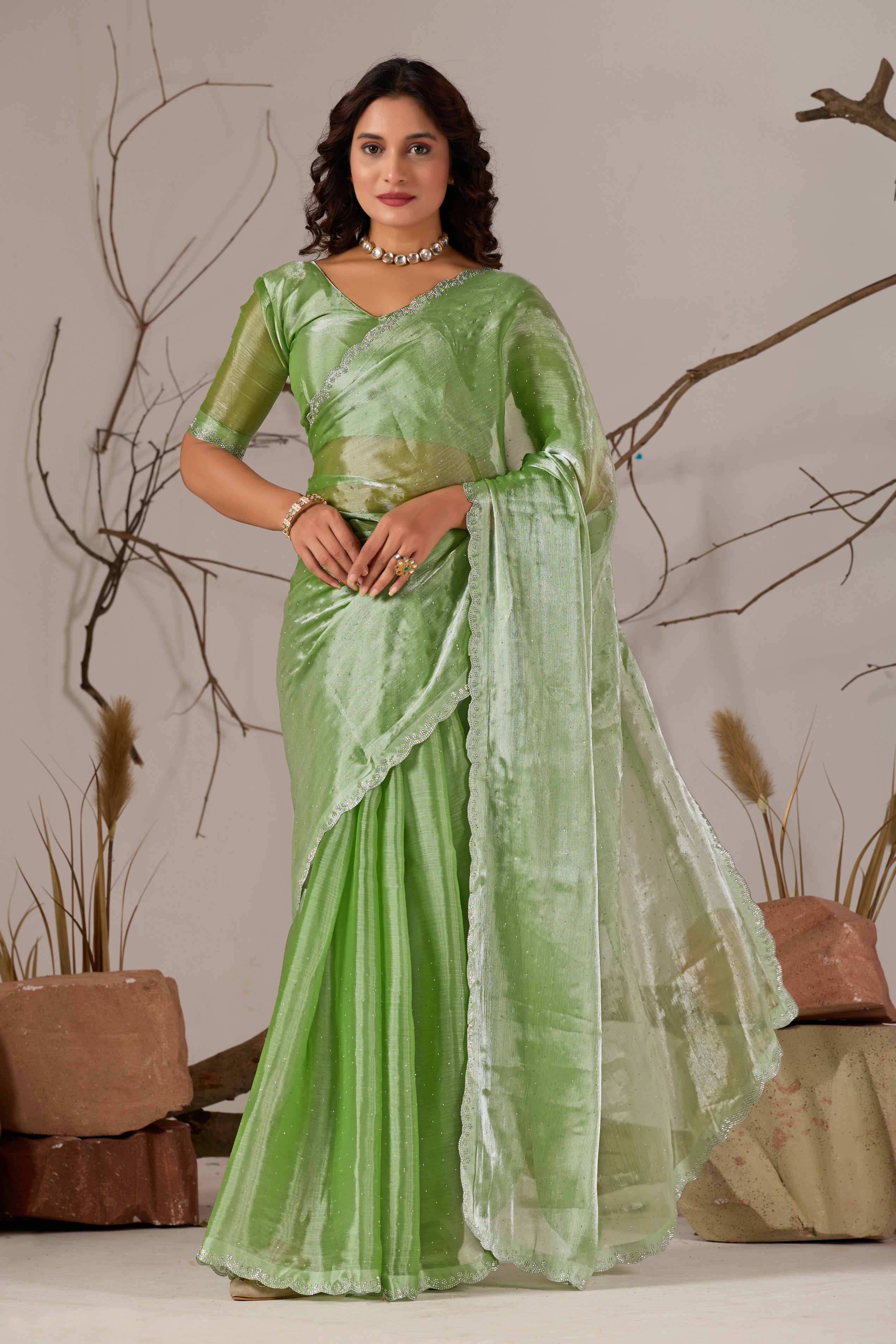 Trending Beautiful Diamond Work Jimmy ChHoo Saree With  Attractive Blouse Piece