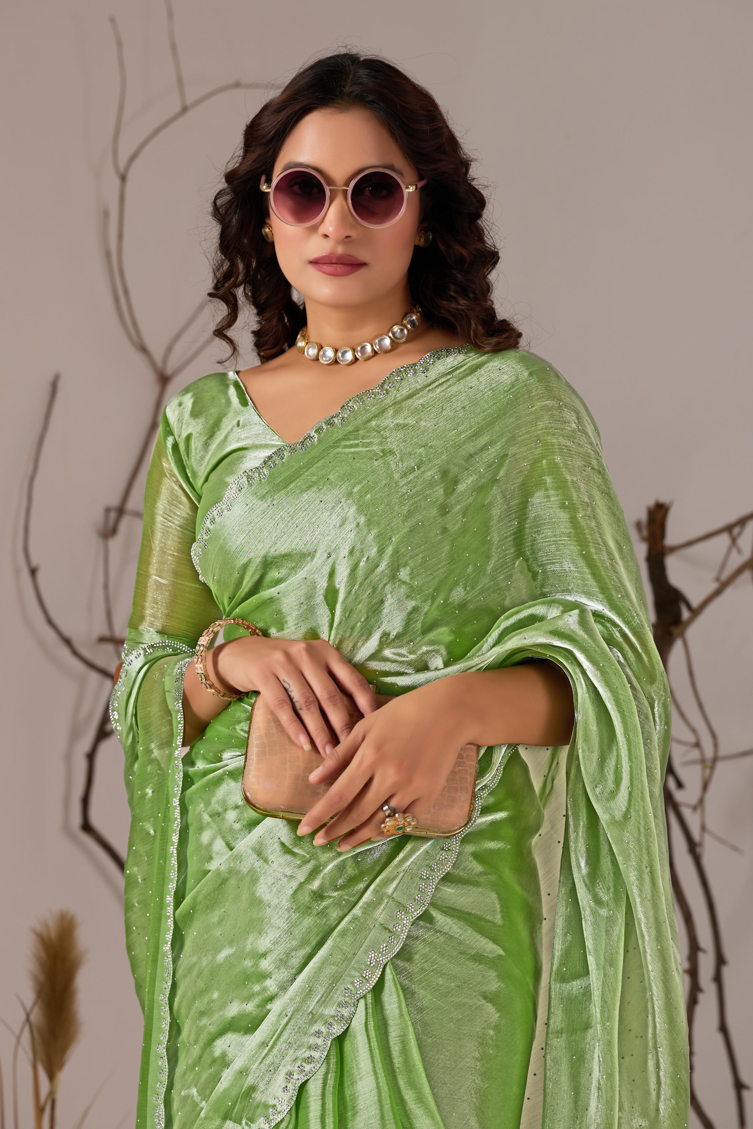 Pista Green Jimmy Choo Shimmer Designer Saree