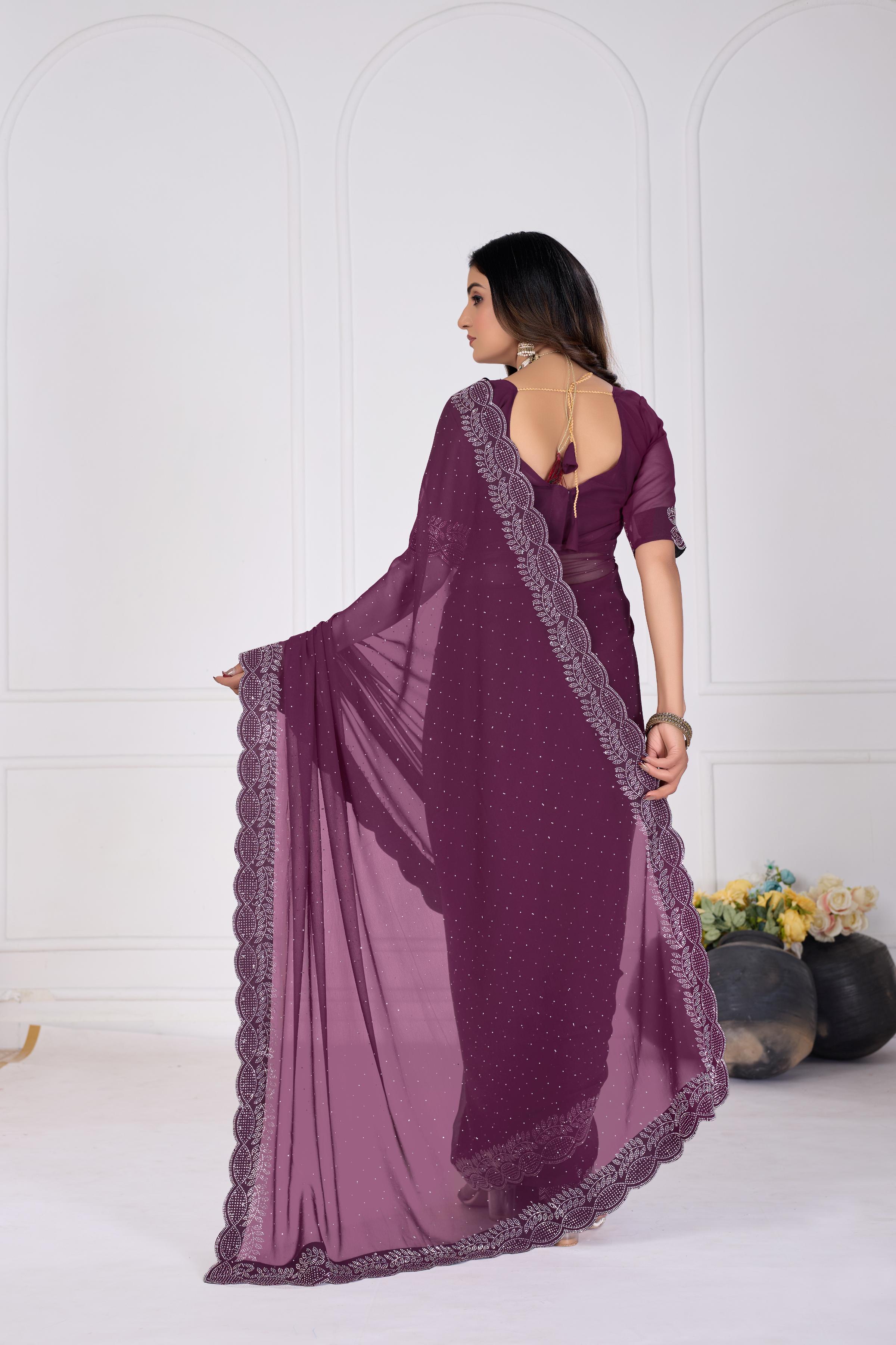 Wine Diamond Work Georgette Designer Saree