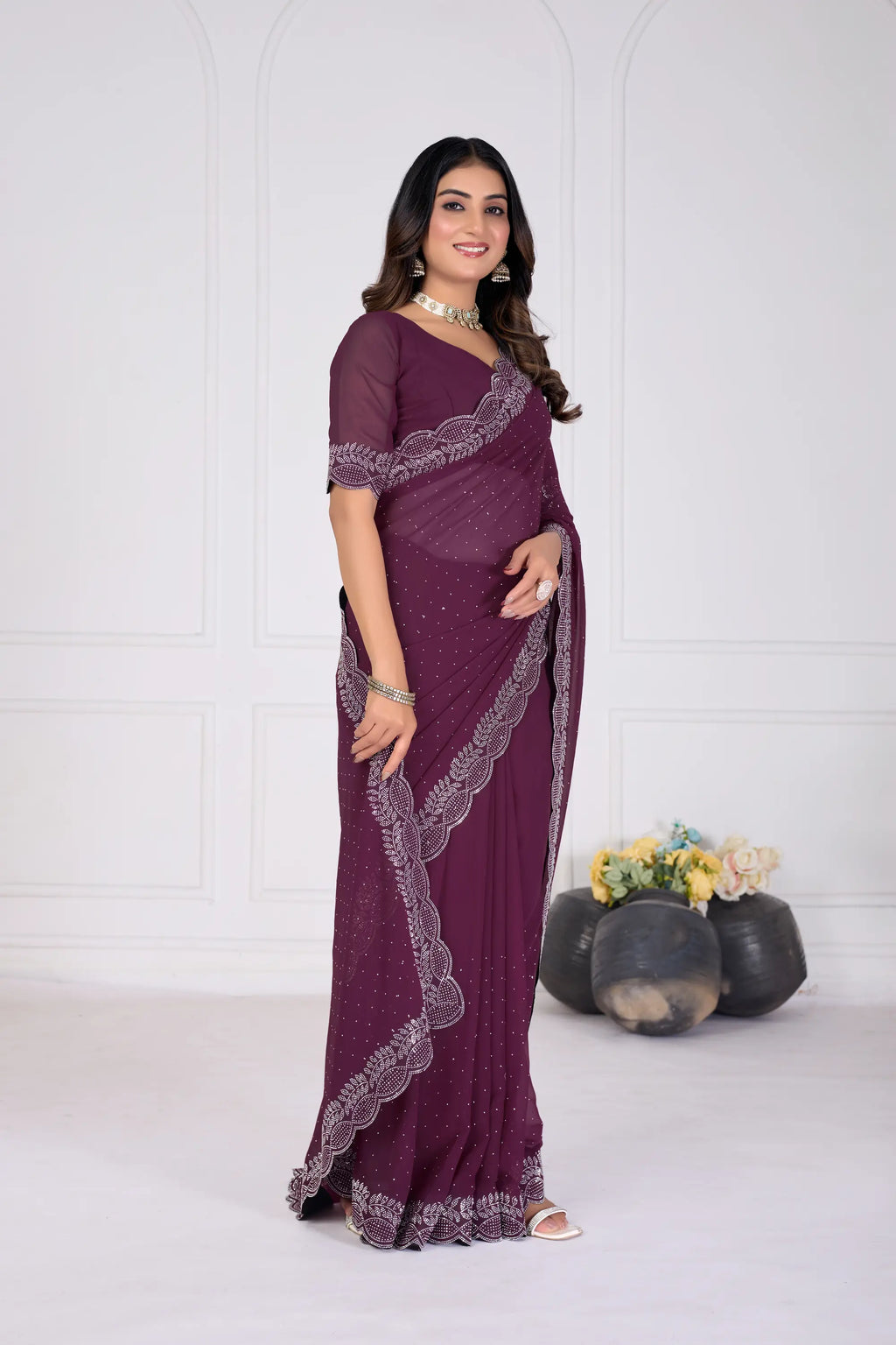 Diamond Work Traditional Fancy Georgette Saree with Running Blouse – Party Wear Saree for Women