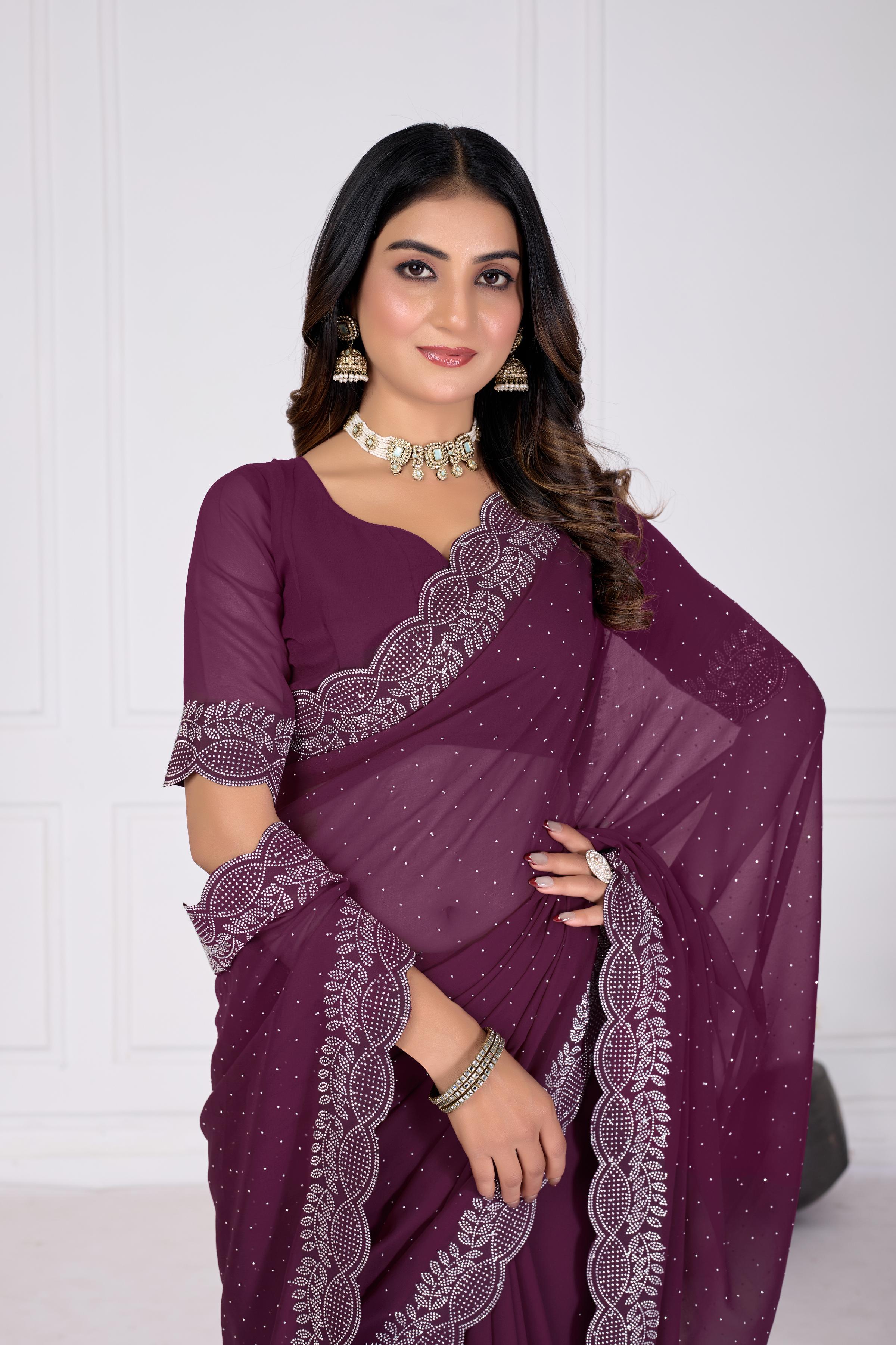 Wine Diamond Work Georgette Designer Saree