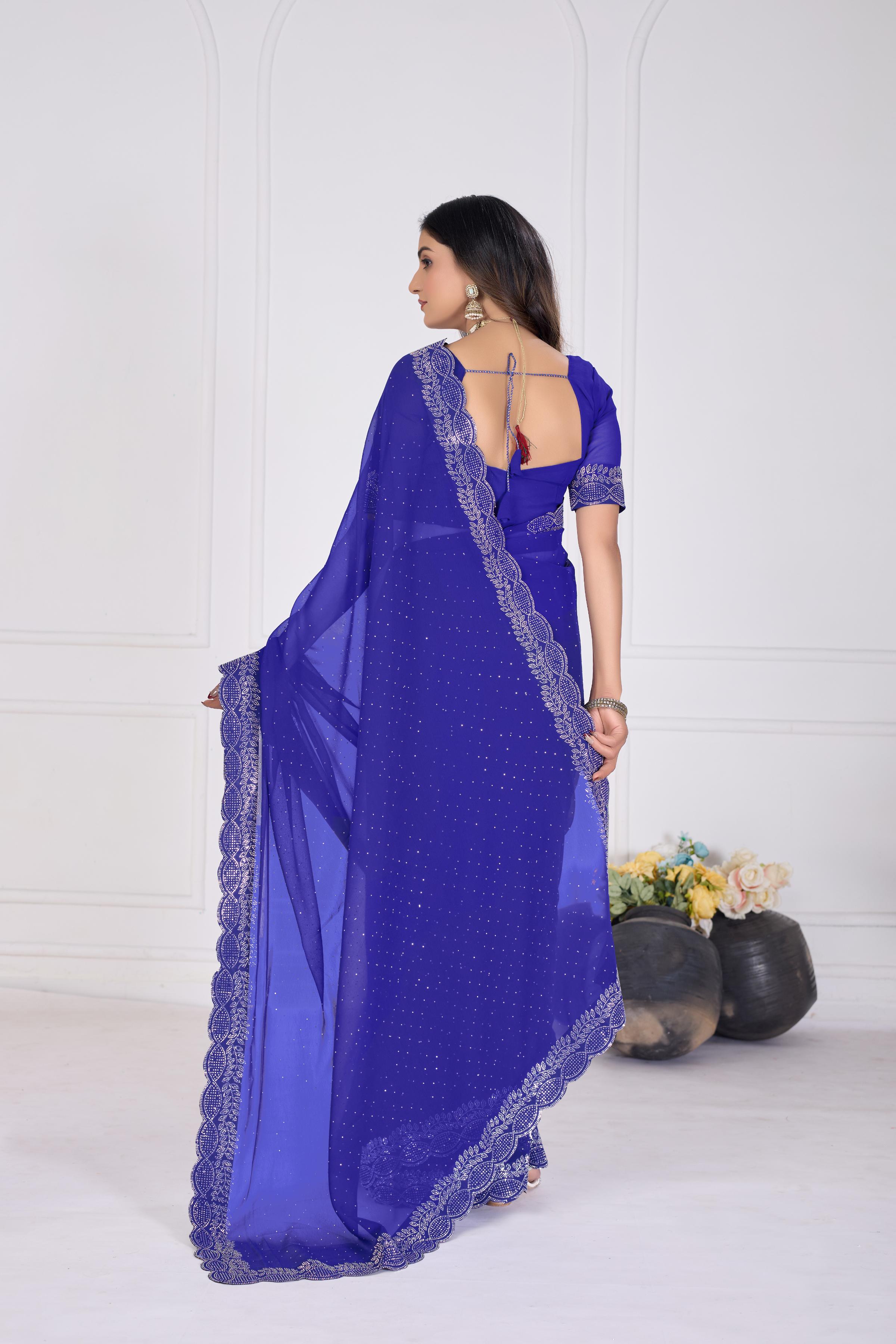 Royal Blue Diamond Work Georgette Designer Saree