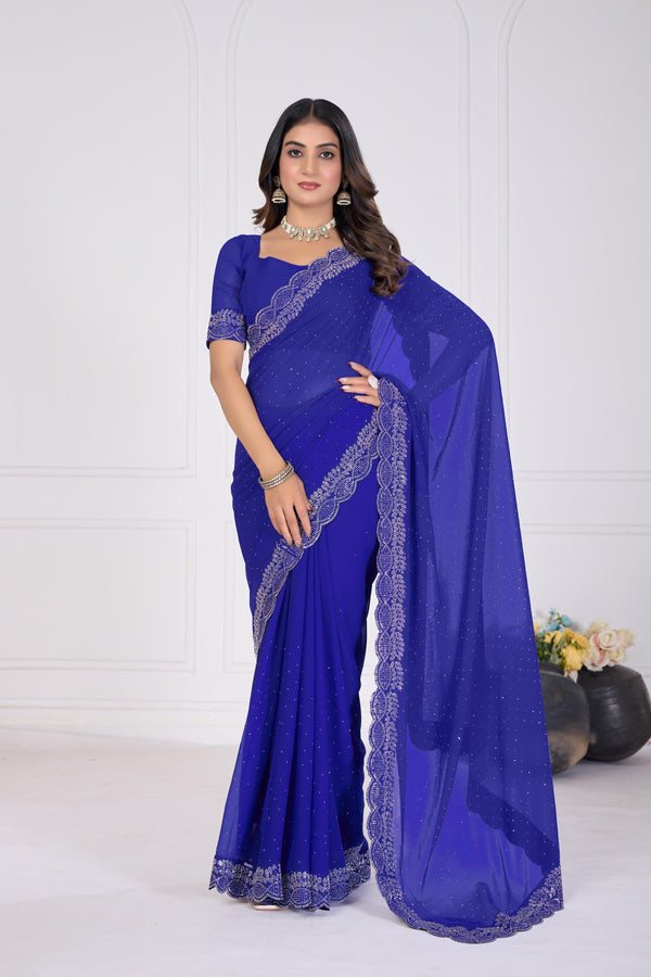 Royal Blue Diamond Work Georgette Designer Saree