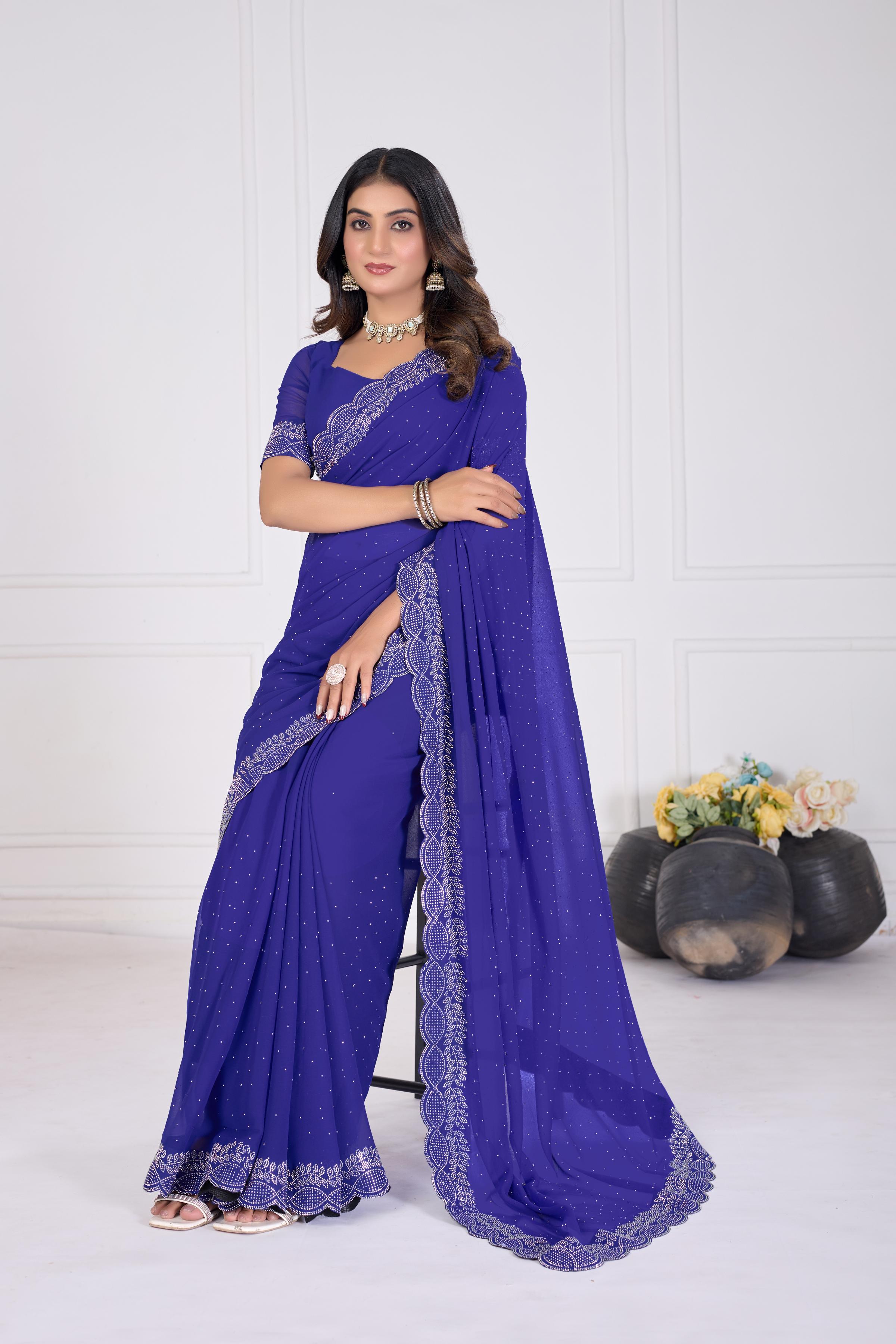 Royal Blue Diamond Work Georgette Designer Saree