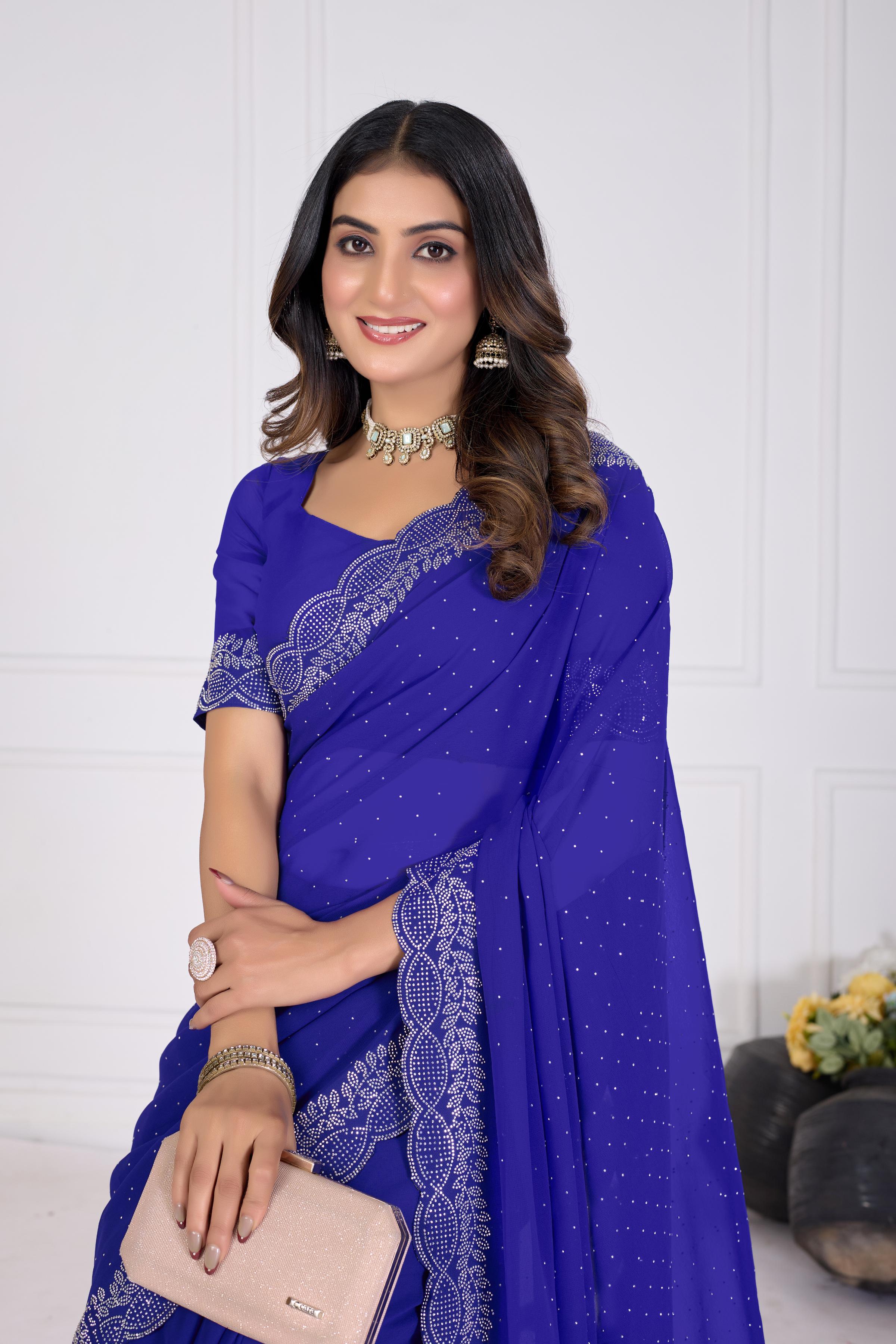 Royal Blue Diamond Work Georgette Designer Saree