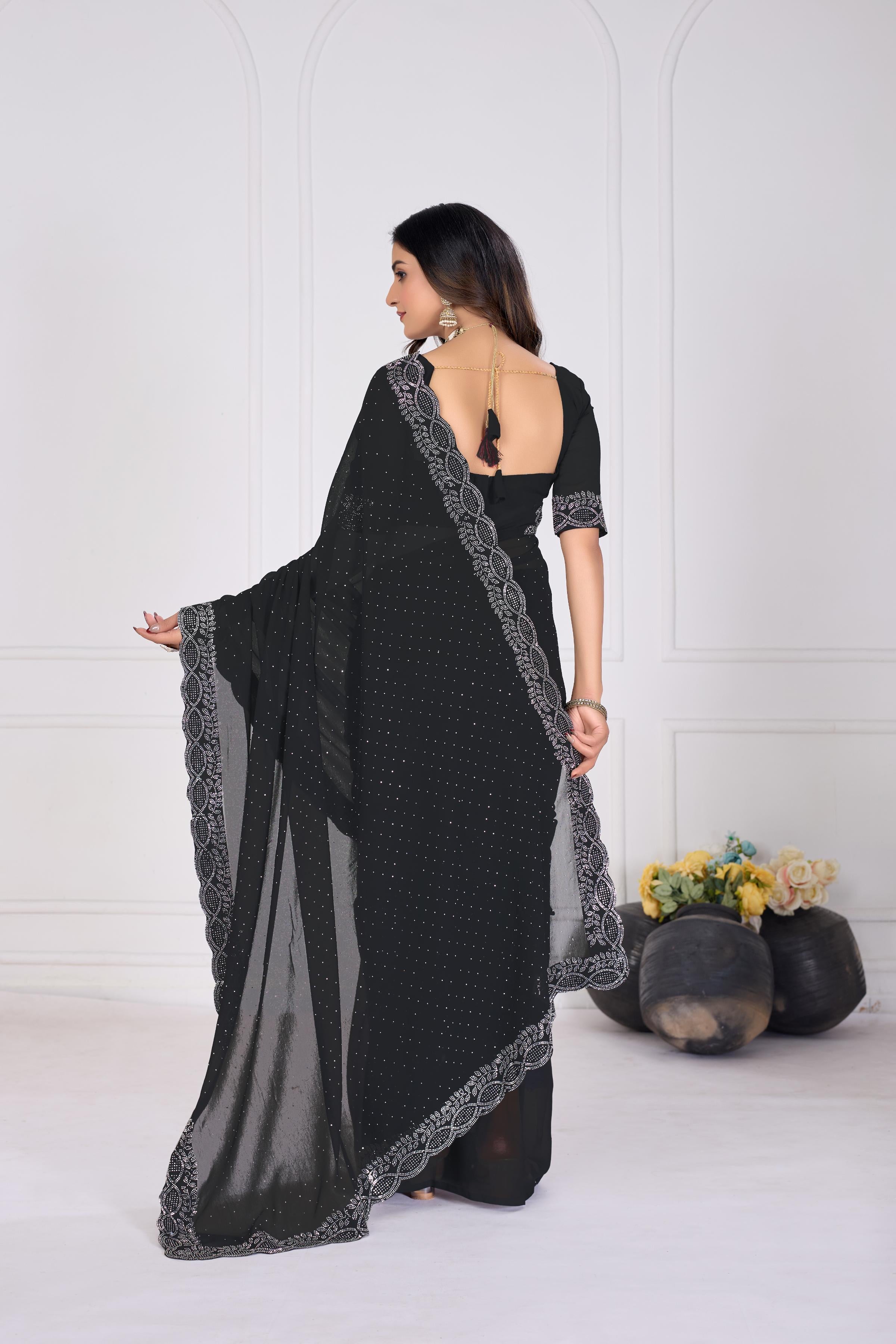 Black Diamond Work Georgette Designer Saree