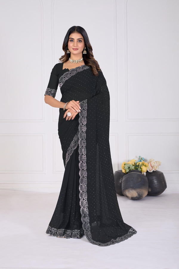 Black Diamond Work Georgette Designer Saree