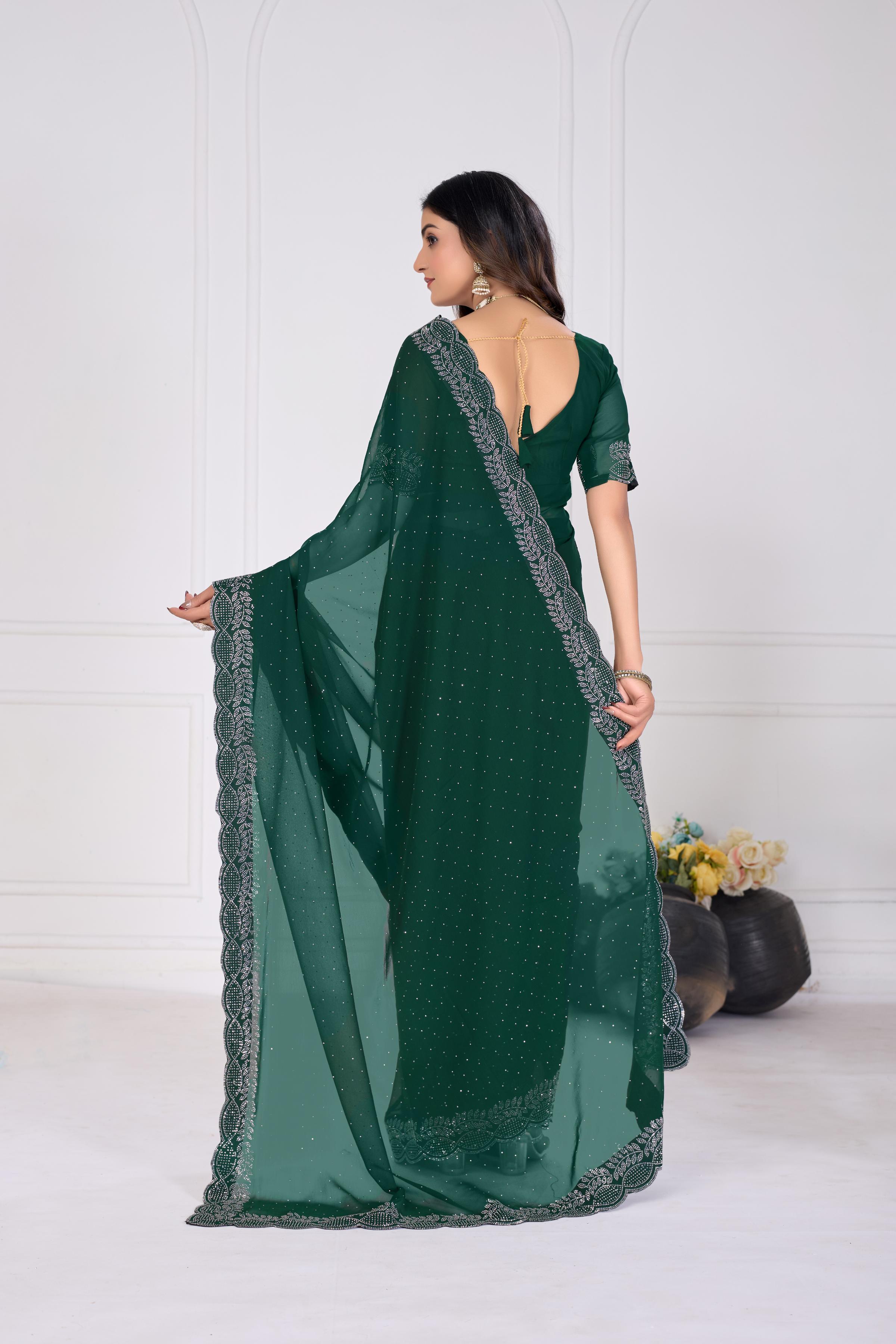 Bottle Green Diamond Work Georgette Designer Saree