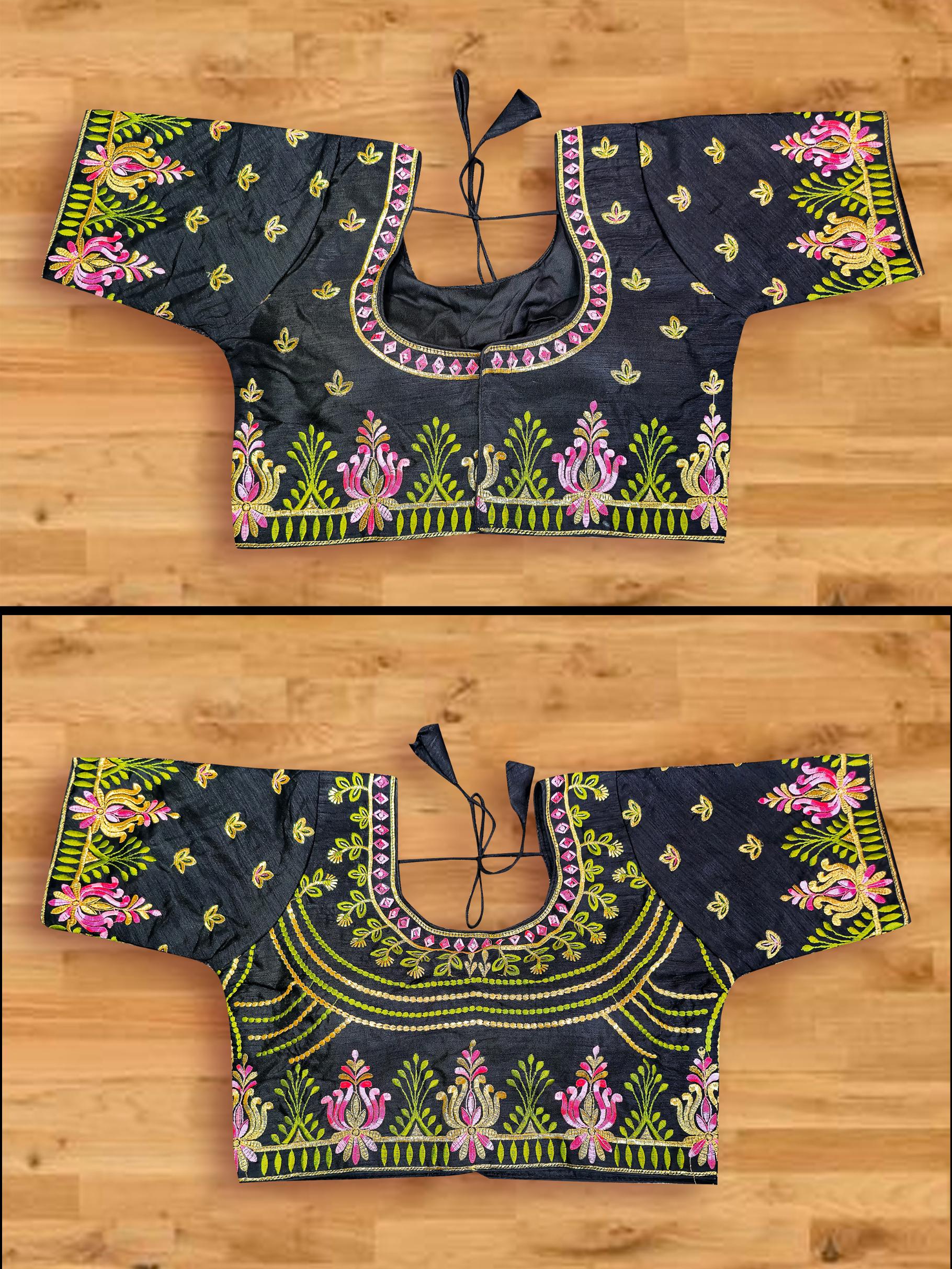 Black Georgette with Floral Embroidery Lace Border Saree