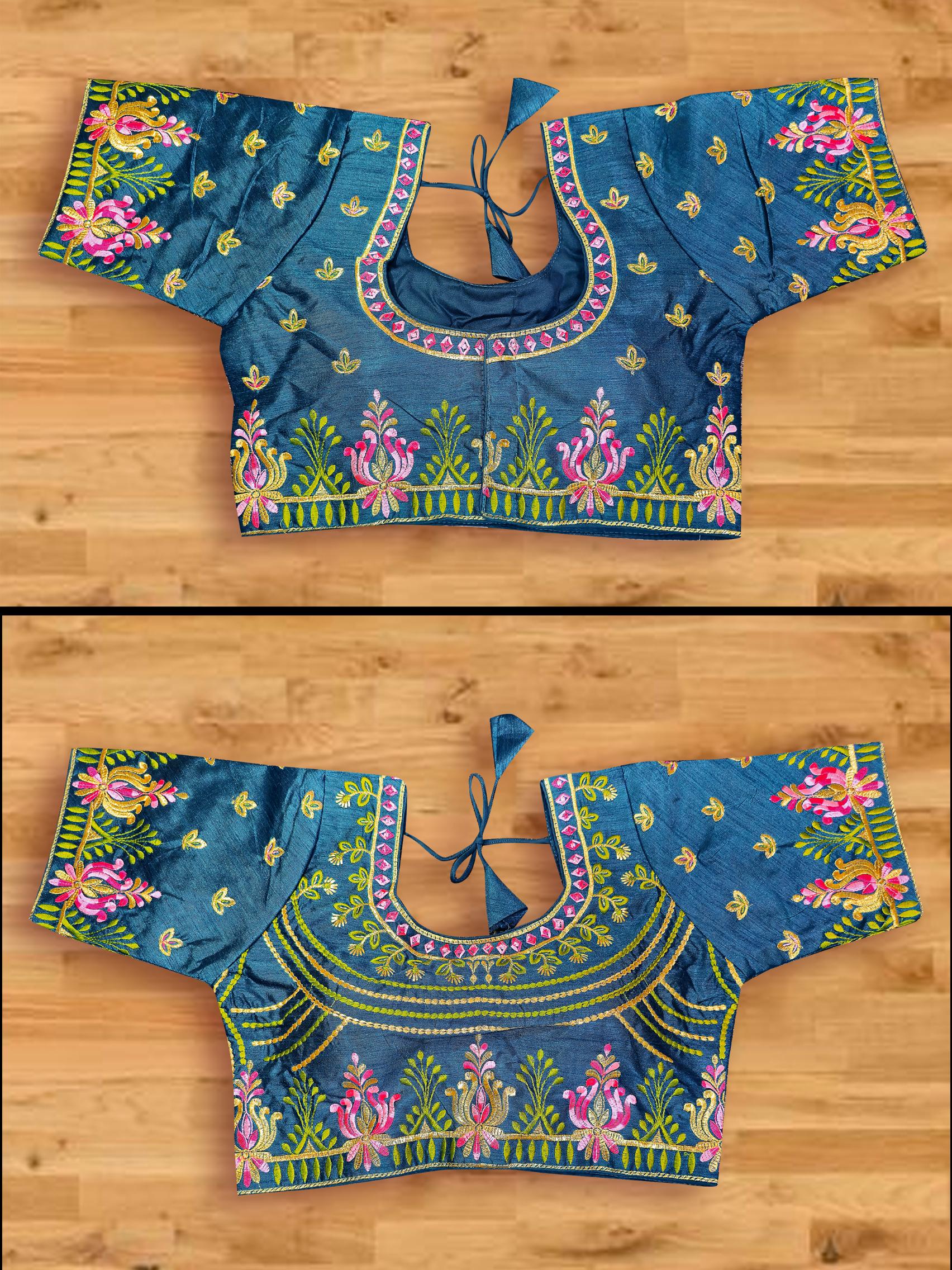 Rama Blue Georgette with Floral Embroidery Lace Border Saree