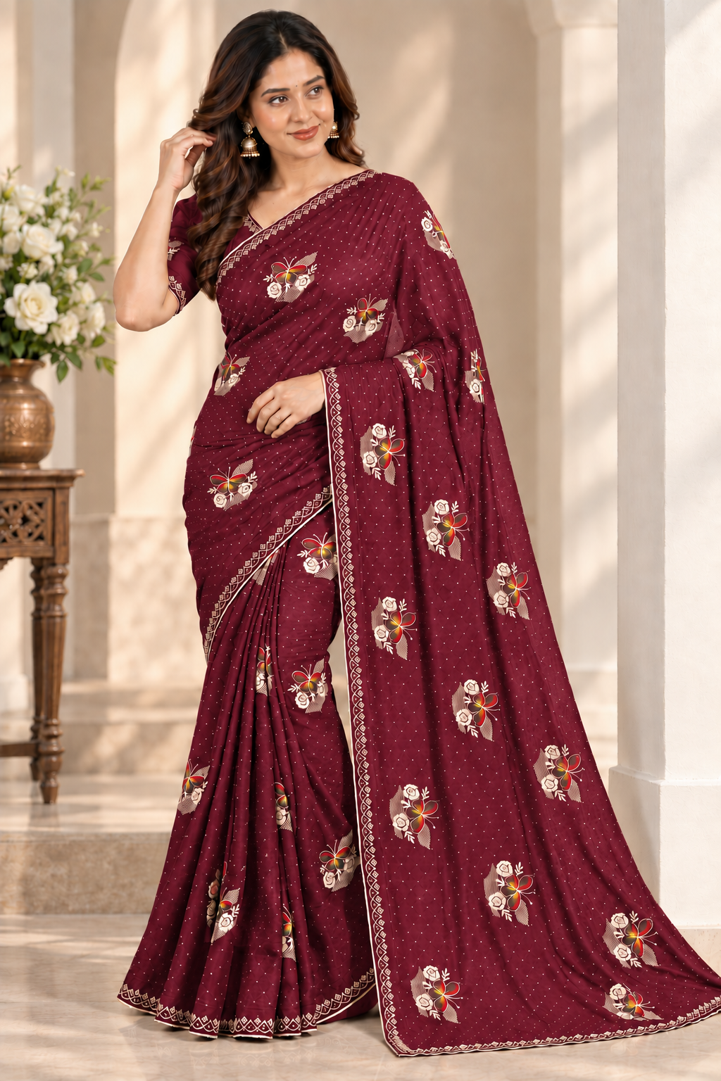 Designer Maroon Jimmy Choo Saree with Embroidered Floral Motifs and Stone Lace