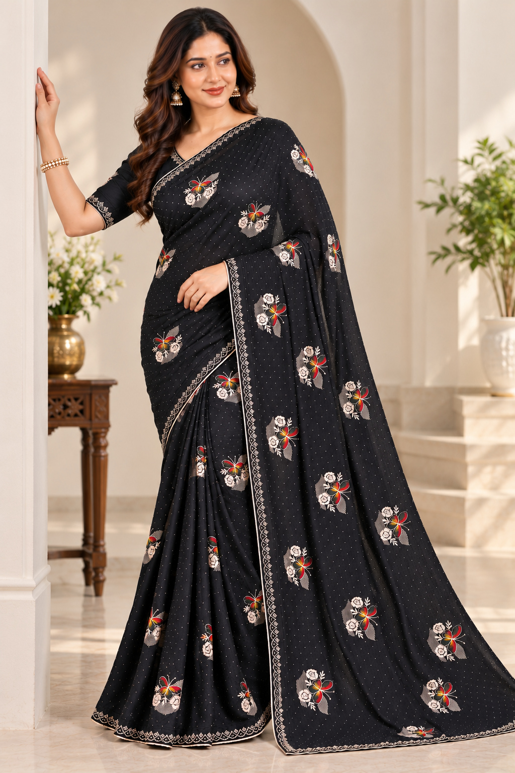 Designer Black Jimmy Choo Saree with Embroidered Floral Motifs and Stone Lace