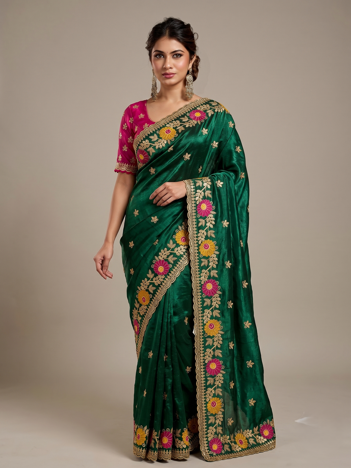 Designer Green Floral Embroidered Saree with Fancy Border Work