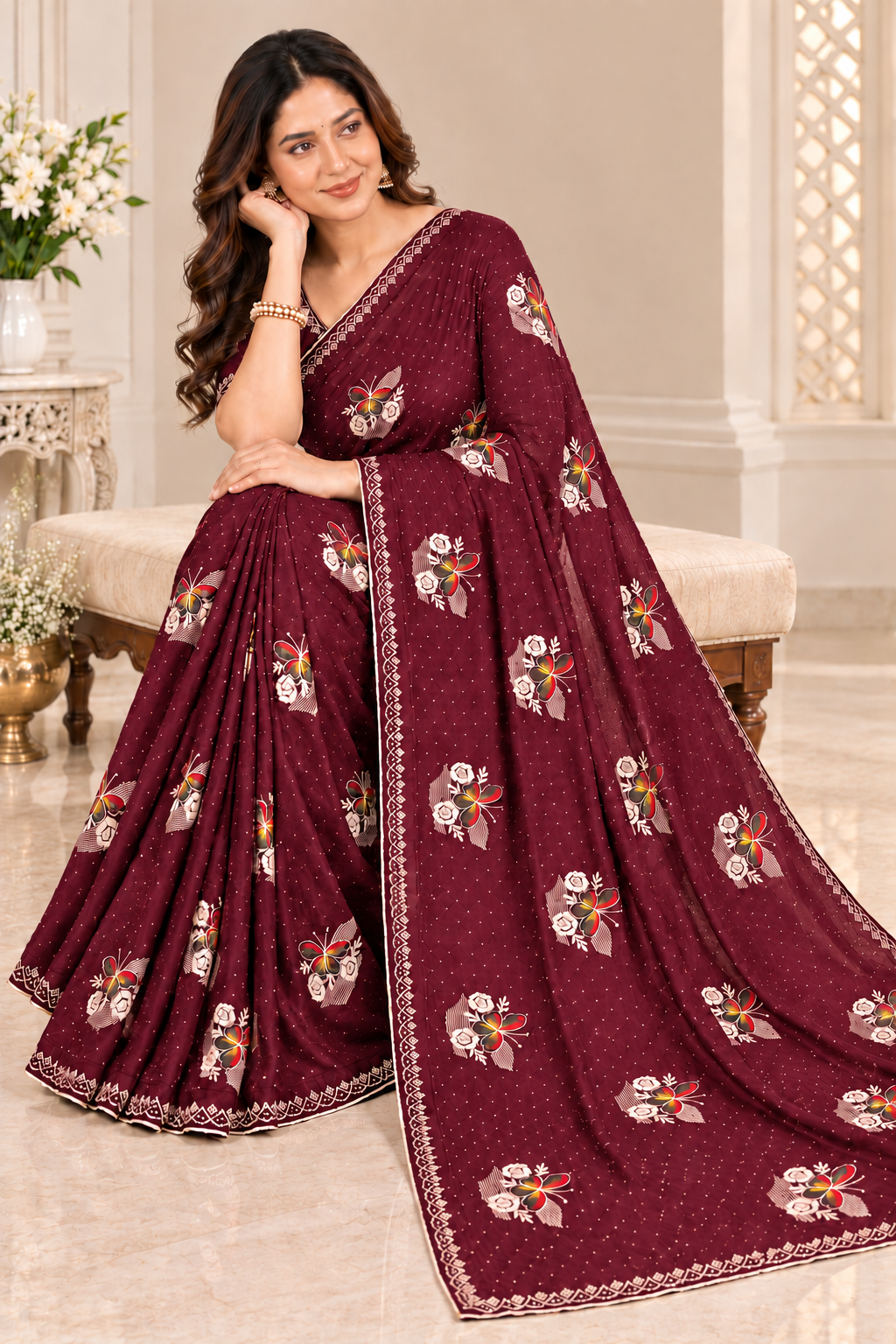 Designer Maroon Jimmy Choo Saree with Embroidered Floral Motifs and Stone Lace